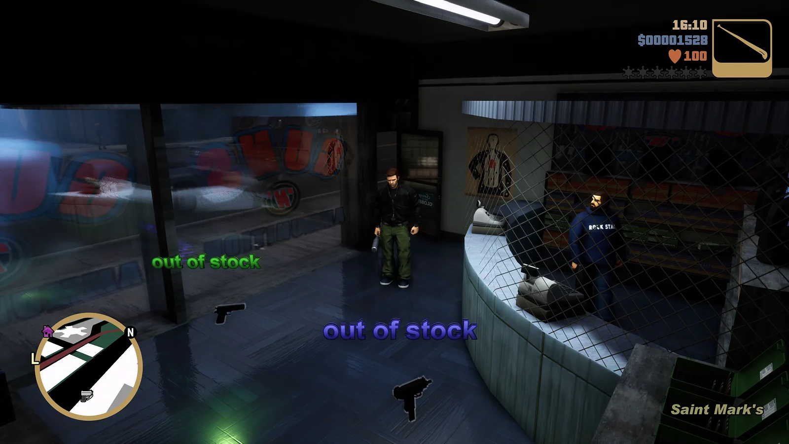 Claude standing inside an Ammu-Nation store in GTA III