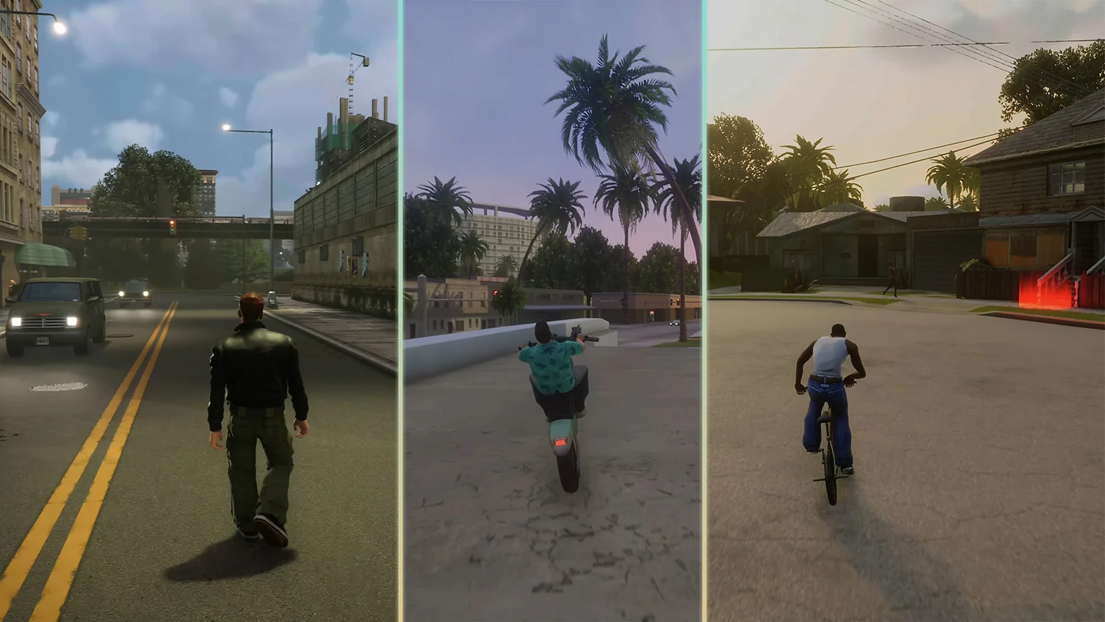 Protagonists from GTA III, Vice City, and San Andreas in the Definitive Edition