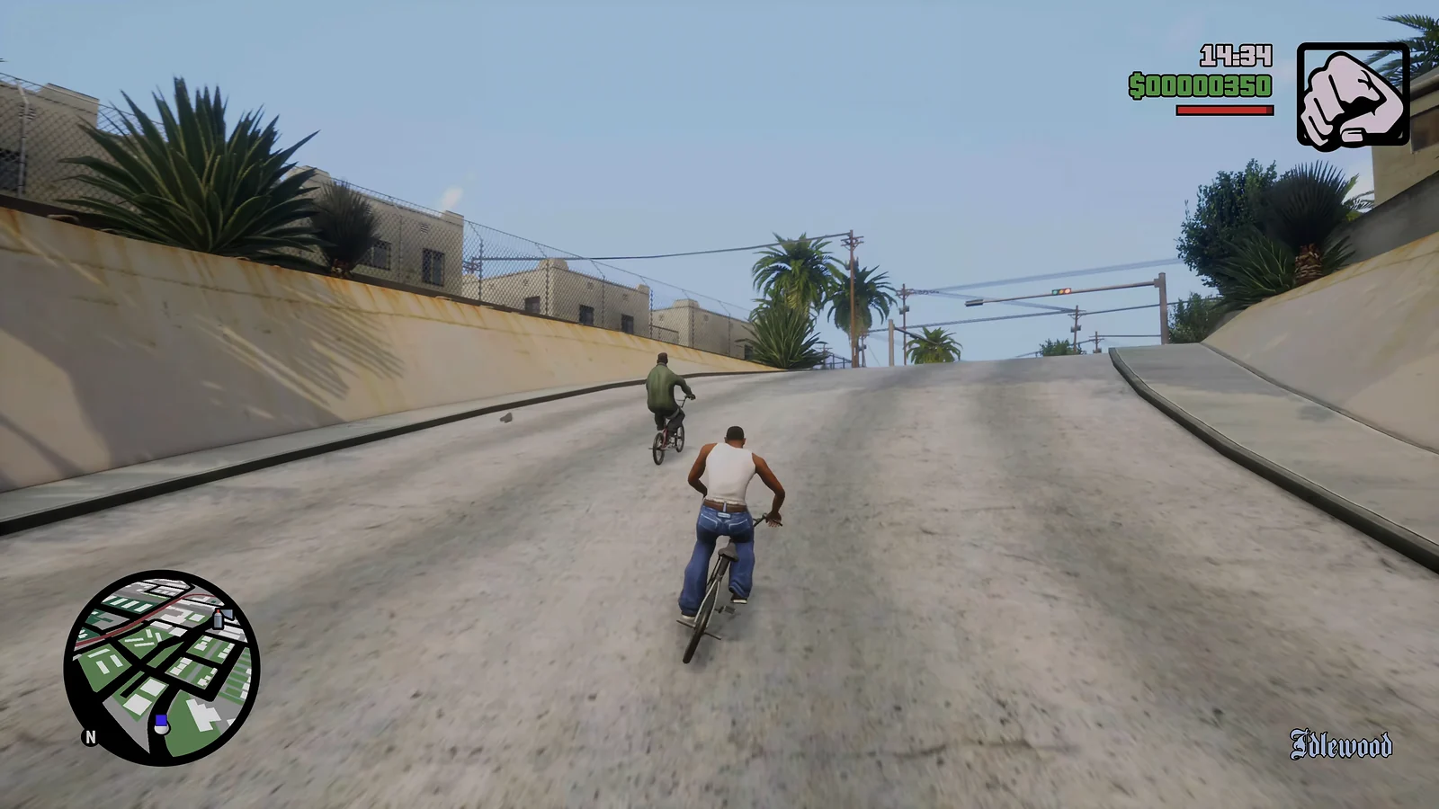 CJ racing a bicycle up a concrete embankment in San Andreas