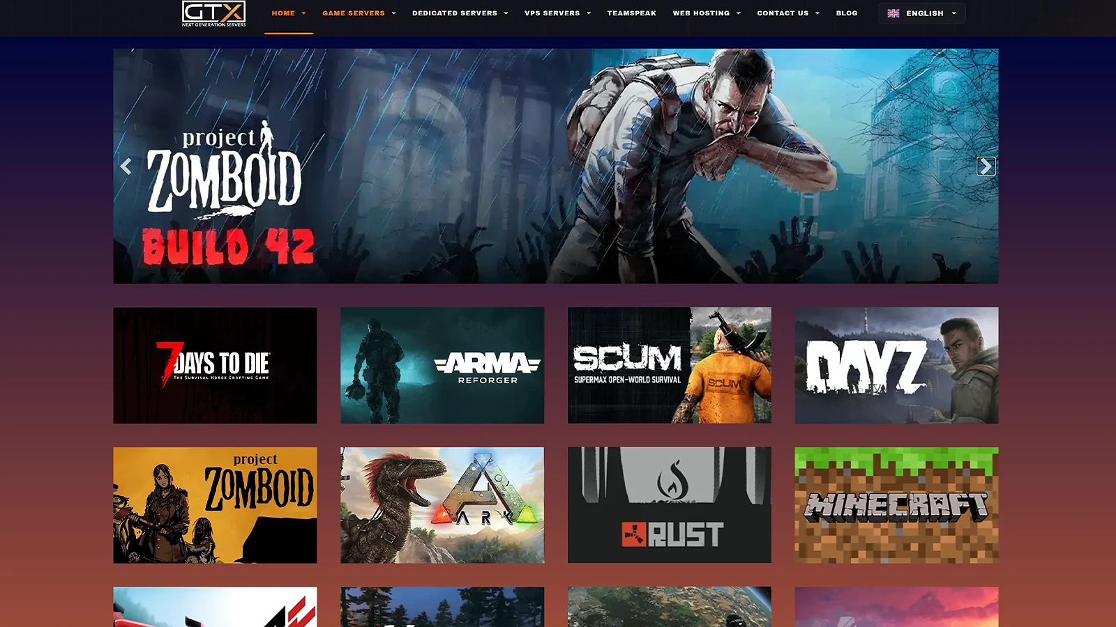 GTXGaming game server library featuring Project Zomboid, ARK, DayZ, and Minecraft
