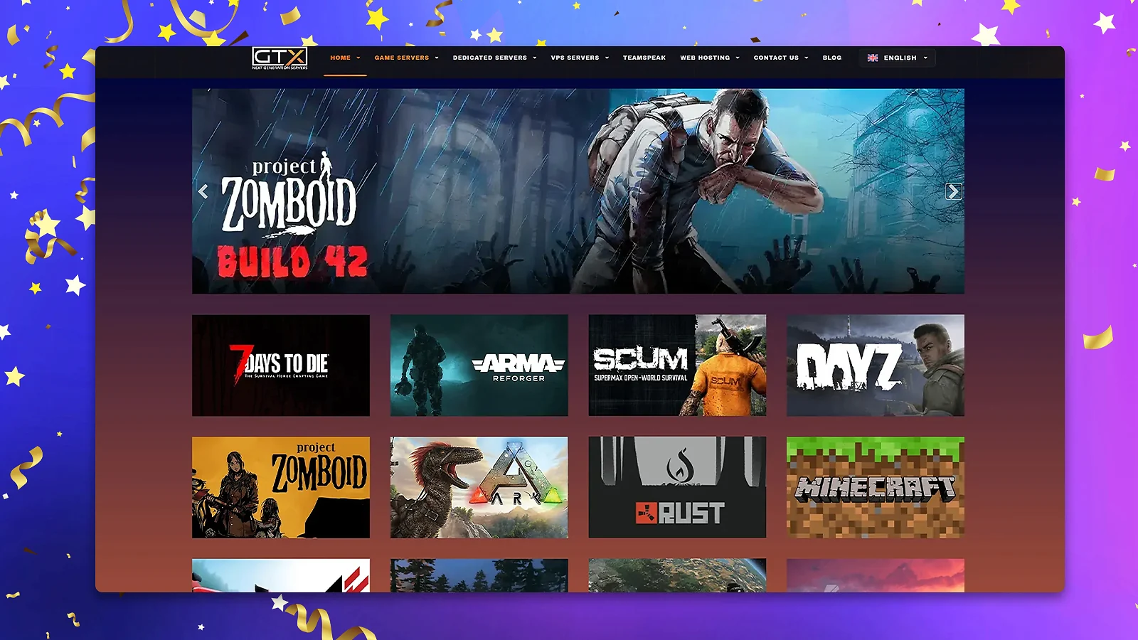 GTXGaming game server library featuring ARK, RUST, Minecraft, and Project Zomboid