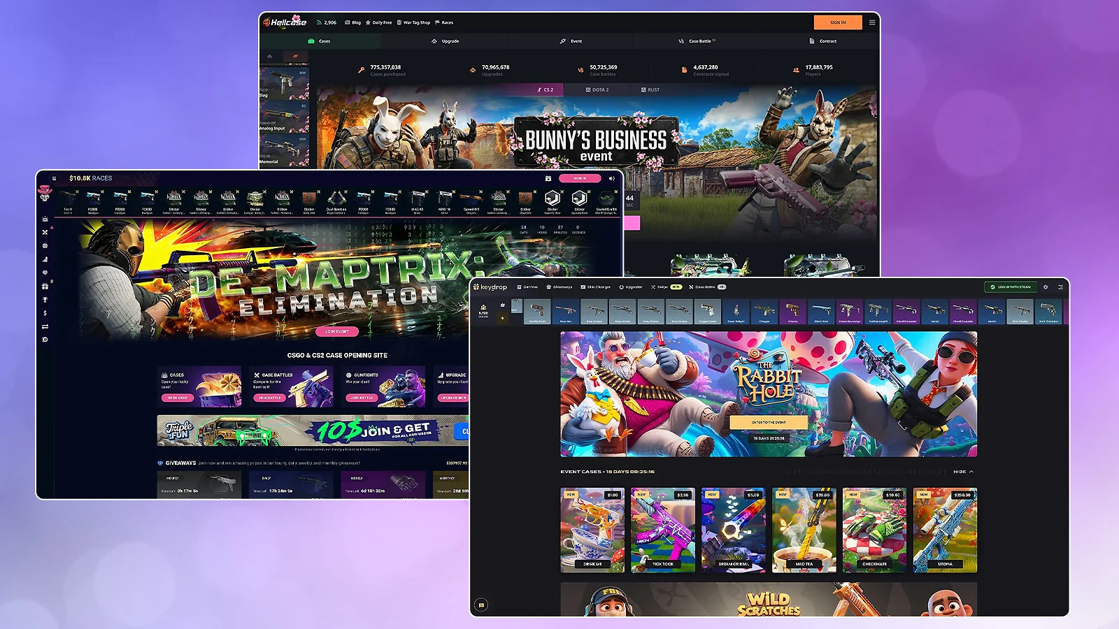 CS2 case opening sites including Hellcase, DaddySkins, and Key-drop event pages