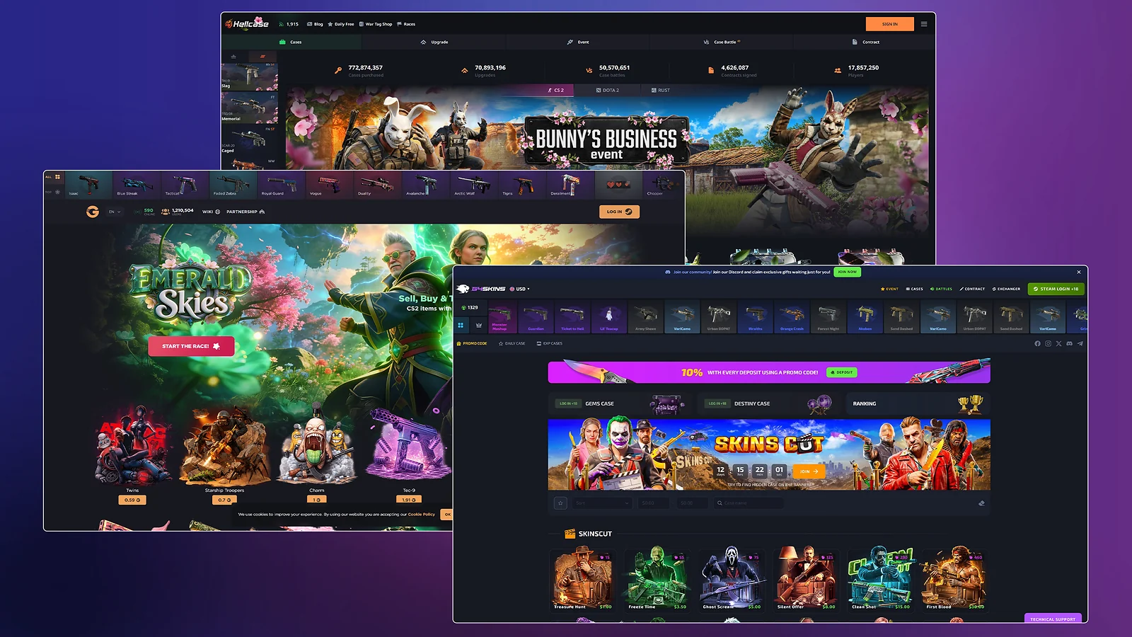 hellcase, ggdrop and g4skins websites
