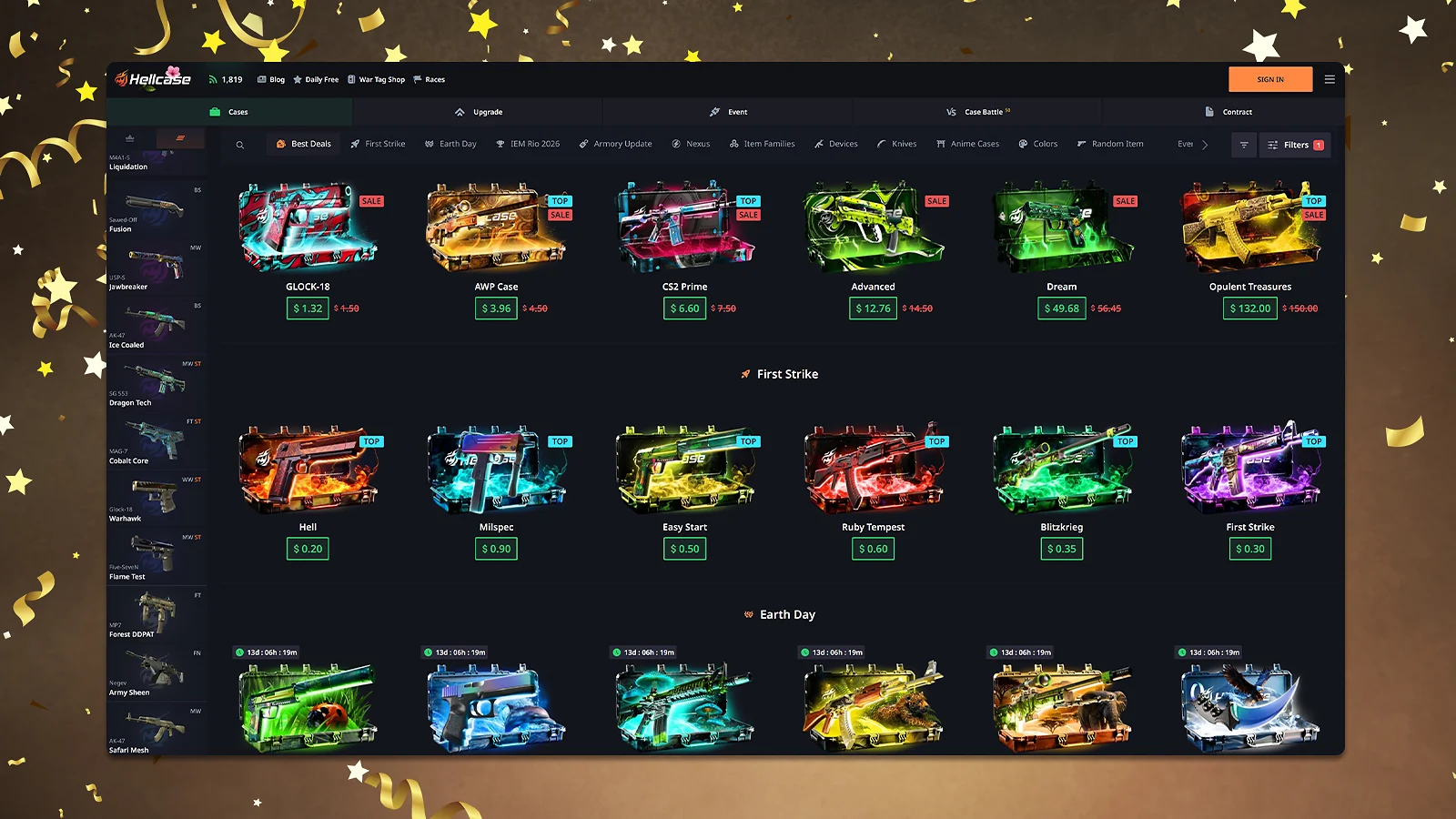 Hellcase CS2 case opening site featuring various weapon skin cases like Best Deals, First Strike, and Earth Day