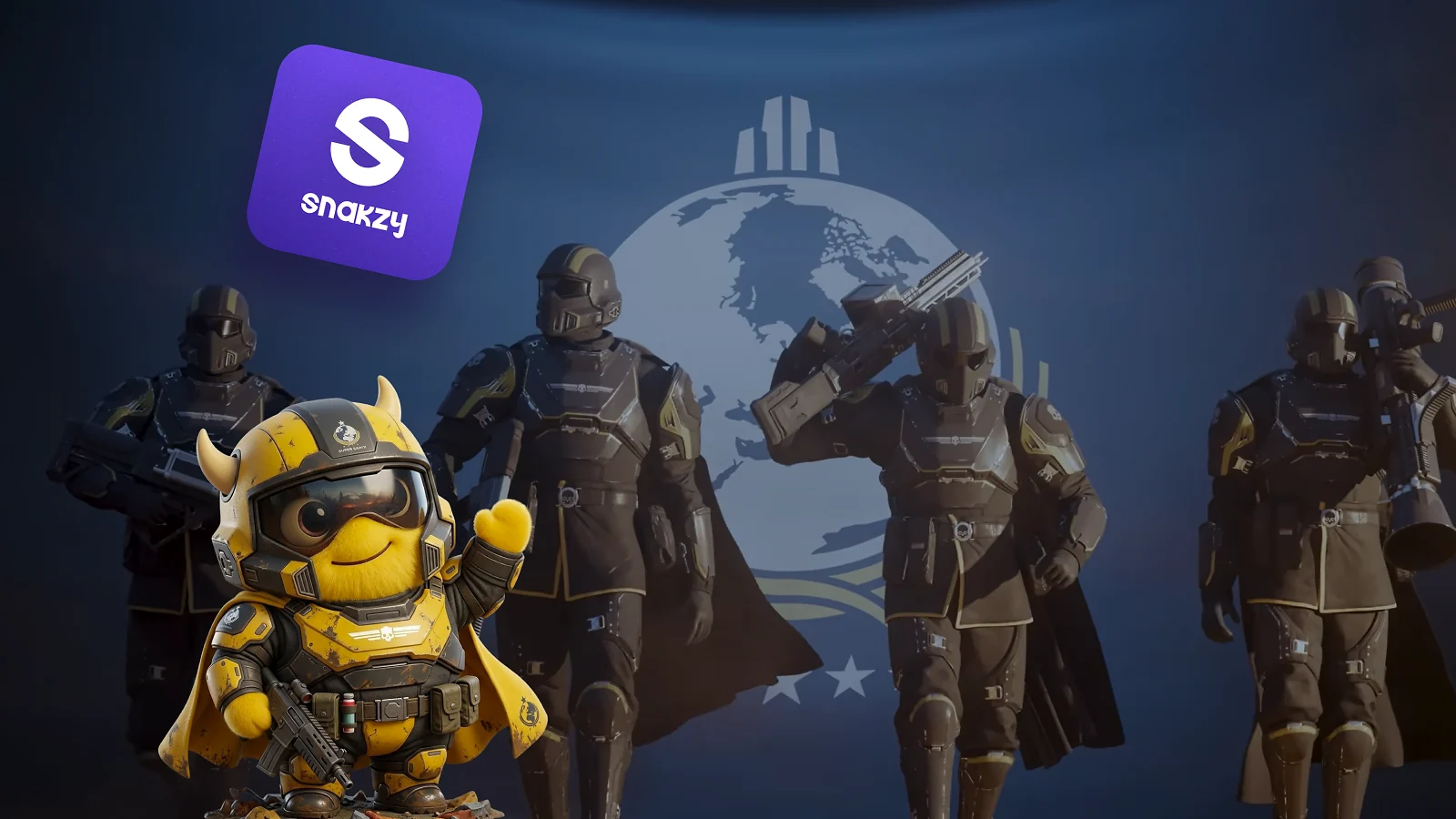 The Snakzy mascot poses alongside a squad of Helldivers in front of the Super Earth emblem