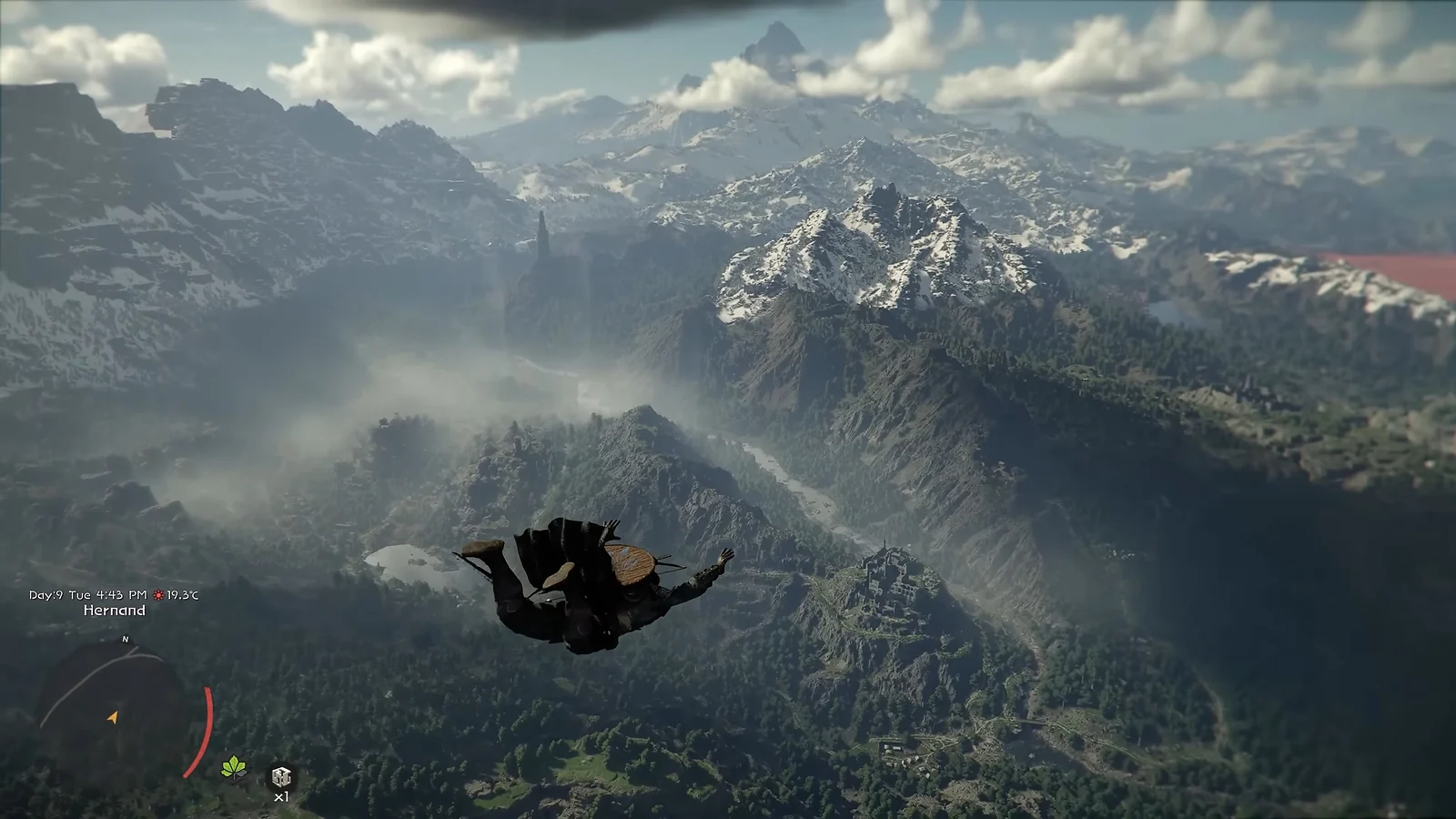 Crimson Desert character skydiving over a vast open-world mountainous landscape