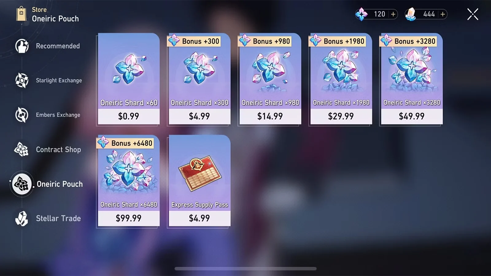 The in-game Honkai Star Rail Oneiric Pouch store showing standard shard bundle prices and first-time bonuses