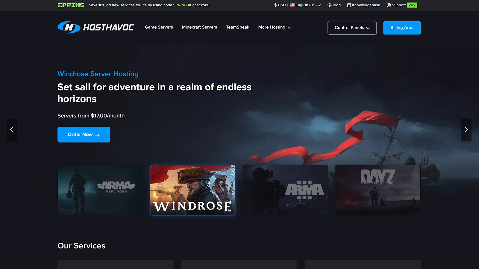 Host Havoc landing page for Windrose server hosting and other survival adventure games