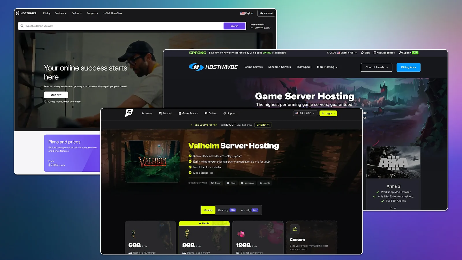 Hostinger, Host Havoc, and Game Host Bros server hosting landing pages