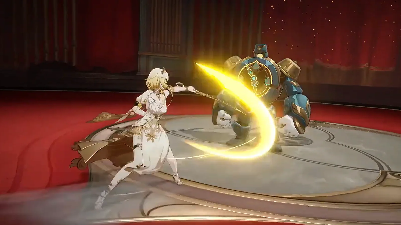 Aglaea from Honkai Star Rail performing a golden sword strike against a mechanical enemy in combat