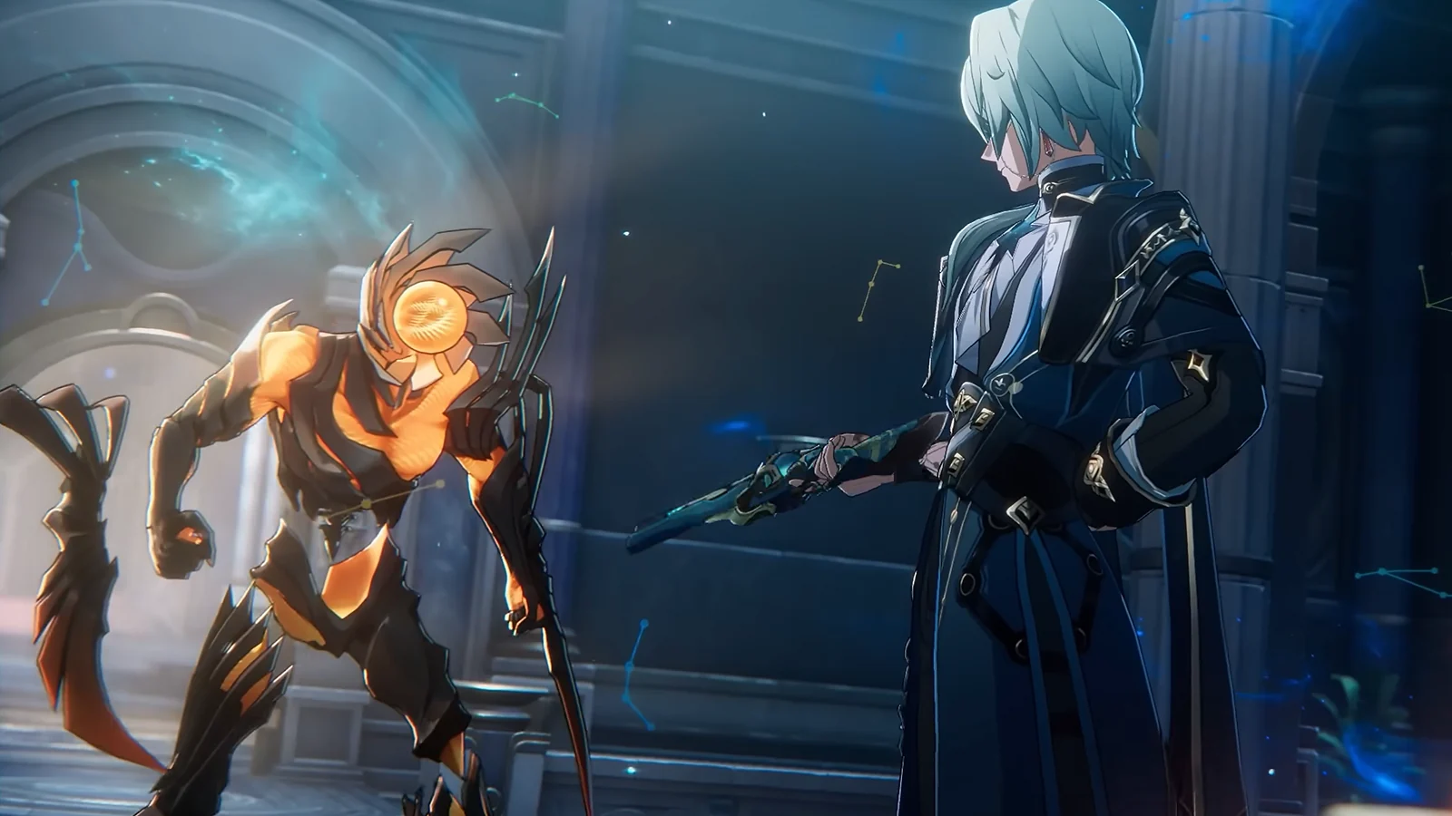 Anaxa pointing a firearm at an enemy in Honkai: Star Rail