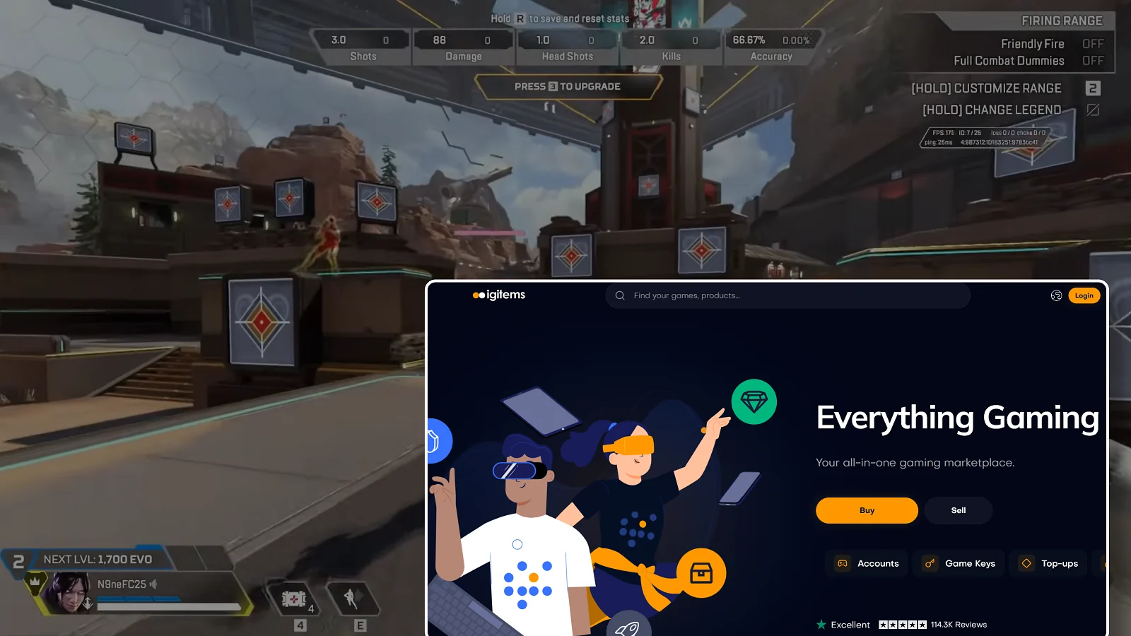 Apex Legends gameplay screenshot and IGItems website page screenshot