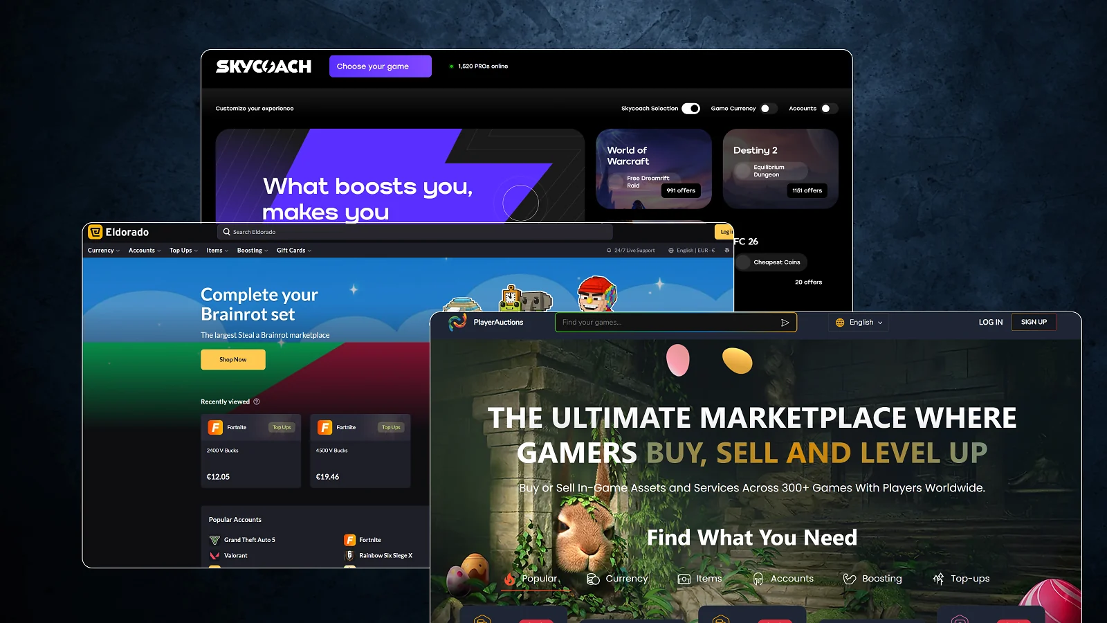 Skycoach, Eldorado and PlayerAuctions website pages