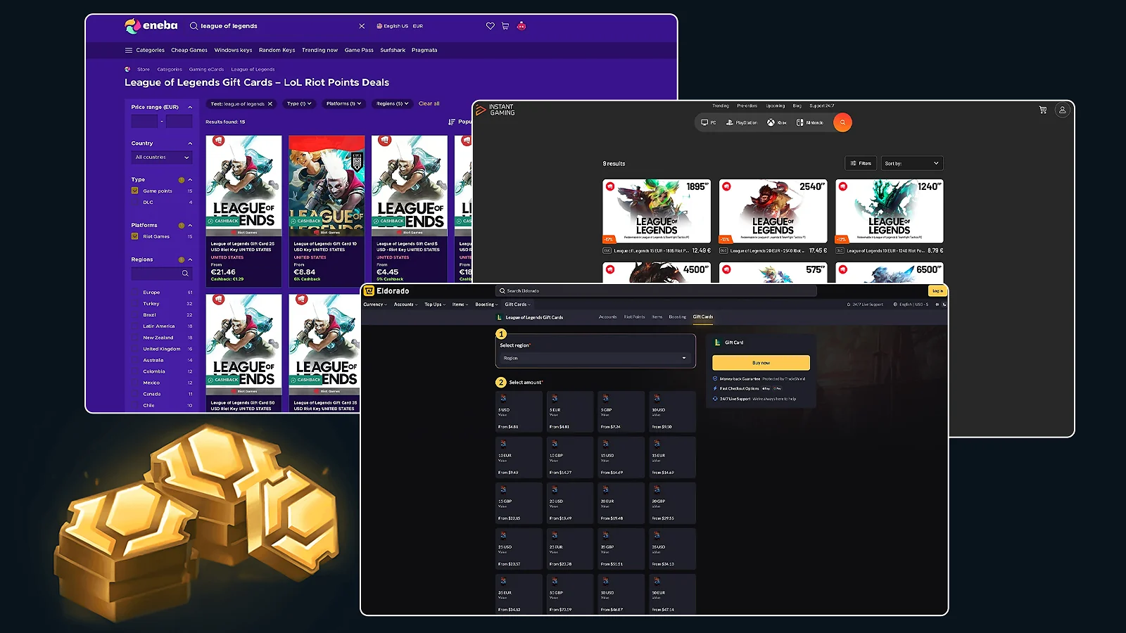 Best sites to buy League of Legends gift cards: Collage of Eneba, Instant Gaming, and Eldorado marketplaces
