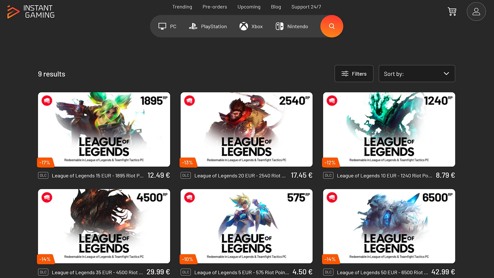 Instant Gaming: Discounted League of Legends gift cards and Riot Point bundles for PC gamers