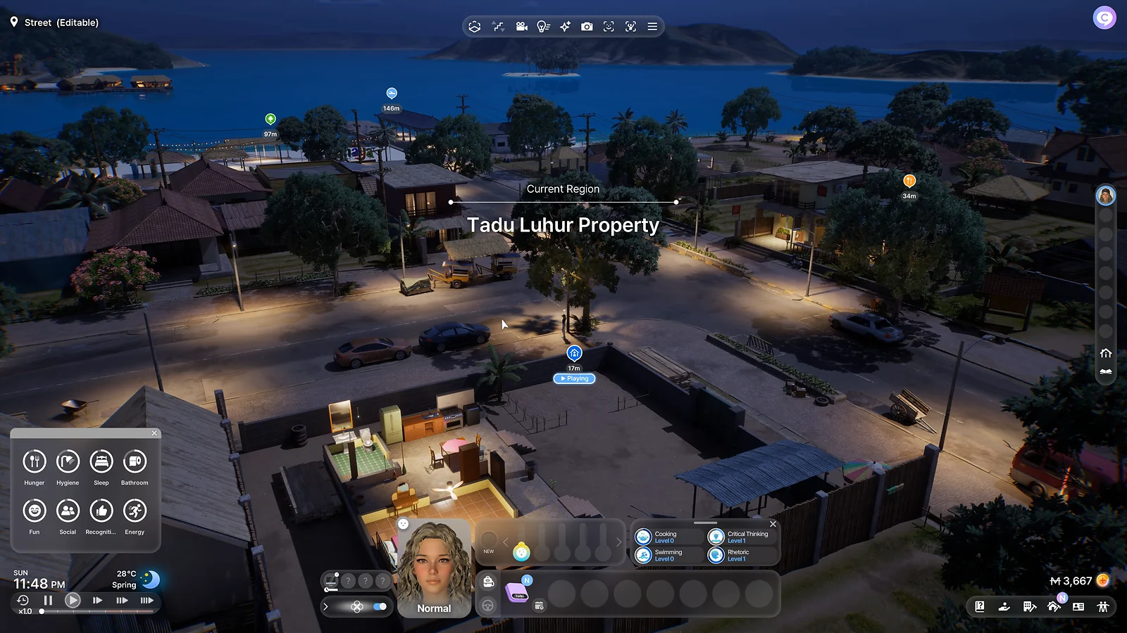 Life Sim inZOI - Nighttime aerial view of the Tadu Luhur property in a coastal town setting