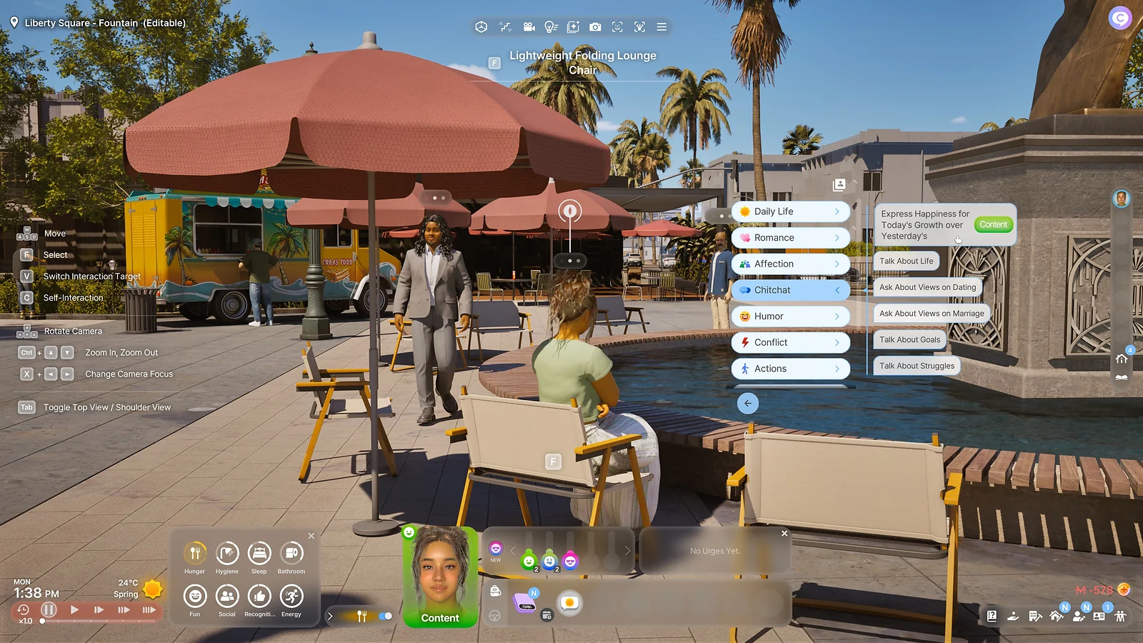 Life Sim inZOI - Relationship building menu with categories for chitchat, romance, and conflict