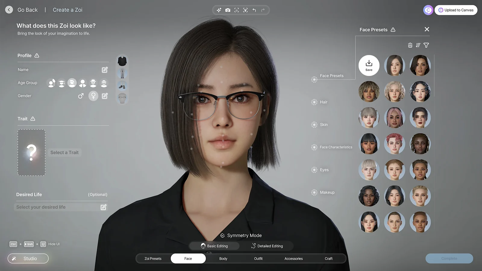Life SiminZOI - Character creator interface withvarious face presets