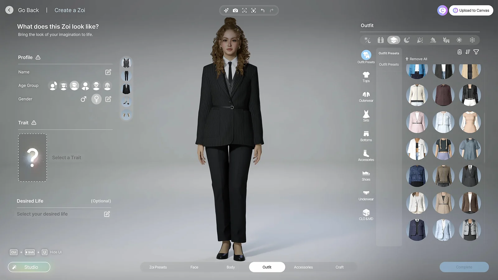 Life Sim inZOI - Character creator outfit menu featuring a Zoi wearing a black suit