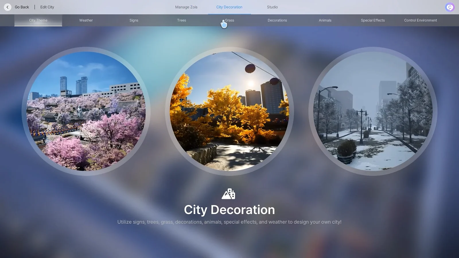 Life Sim inZOI - City Decoration menu showing seasonal environmental themes like spring and winter
