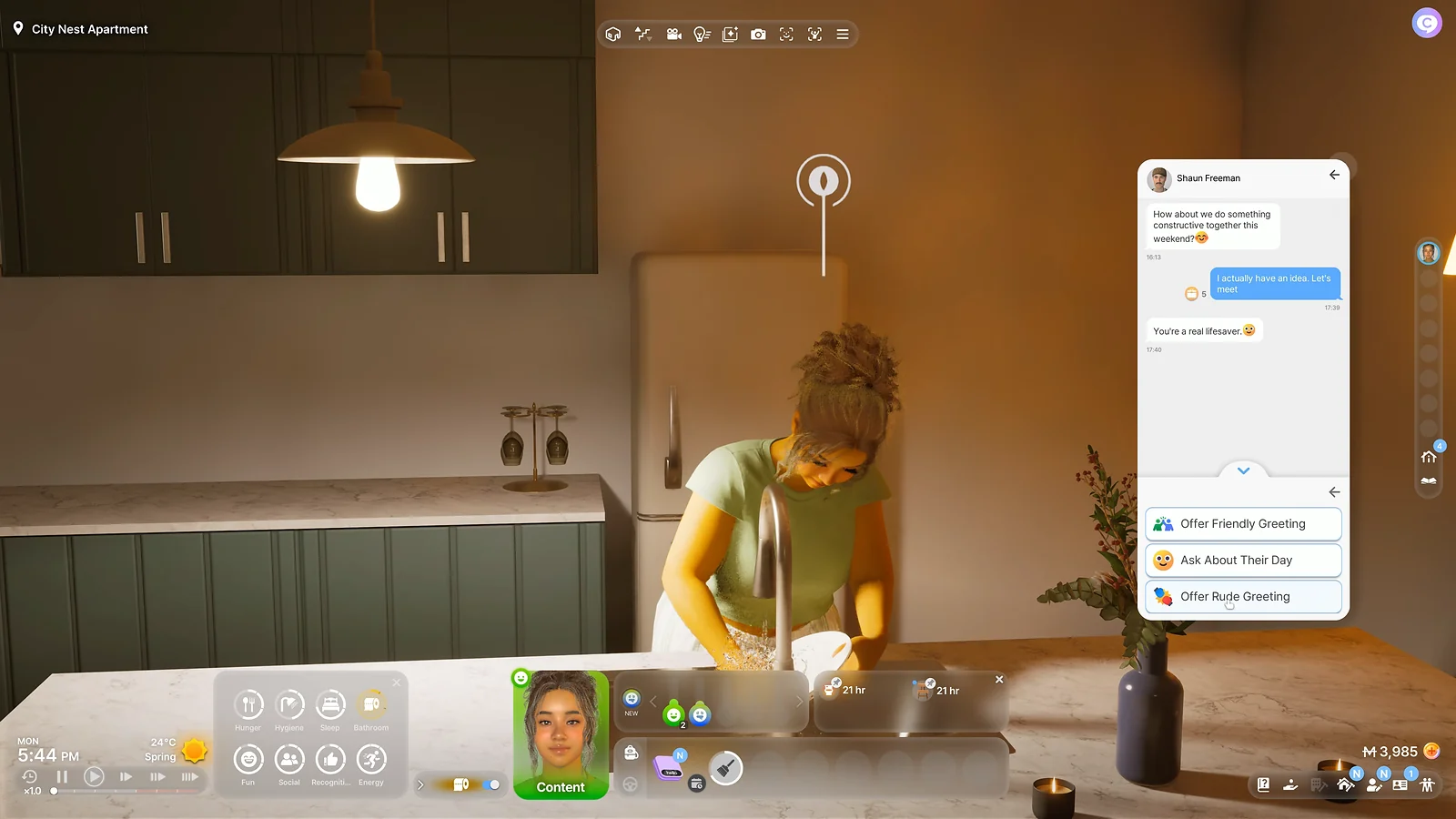 Life Sim inZOI - Character washing dishes in an apartment with social interaction UI options