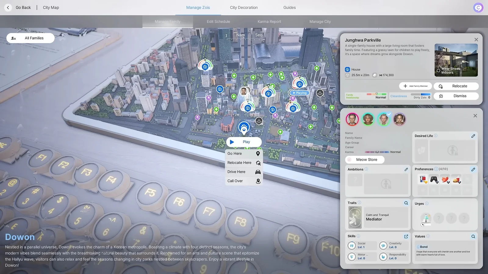 Life Sim inZOI - Manage Family menu showing a city map and character trait overview