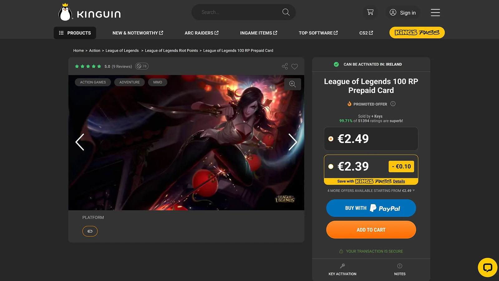 Kinguin marketplace to buy League of Legends gift cards: Product page for a 100 RP prepaid card with PayPal option