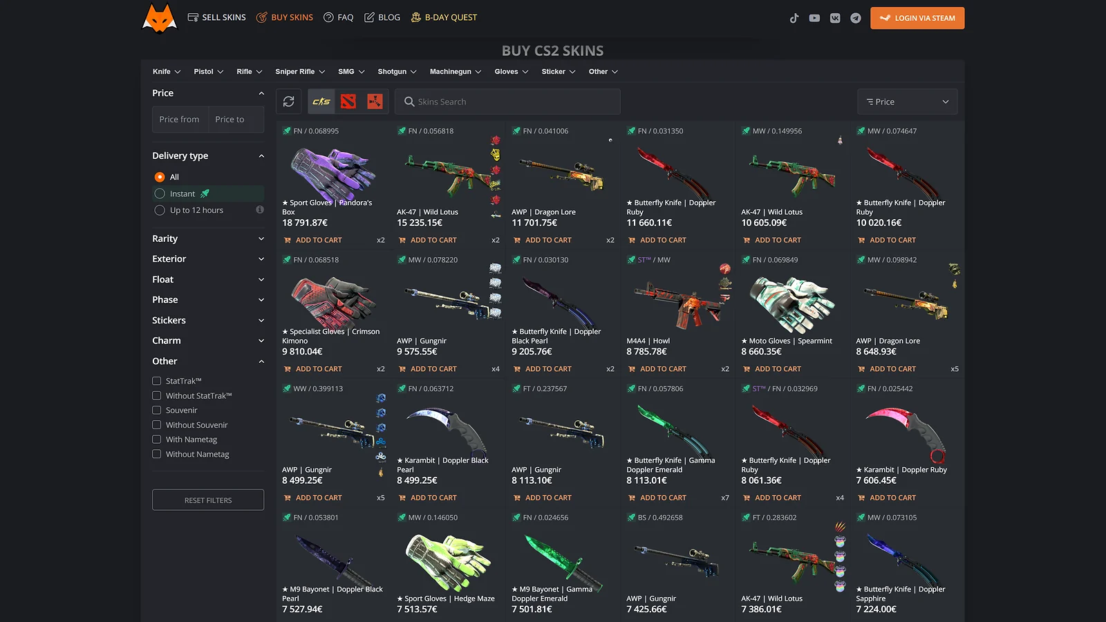 Lis-Skins CS2 trading site marketplace with a large inventory of high-value skins
