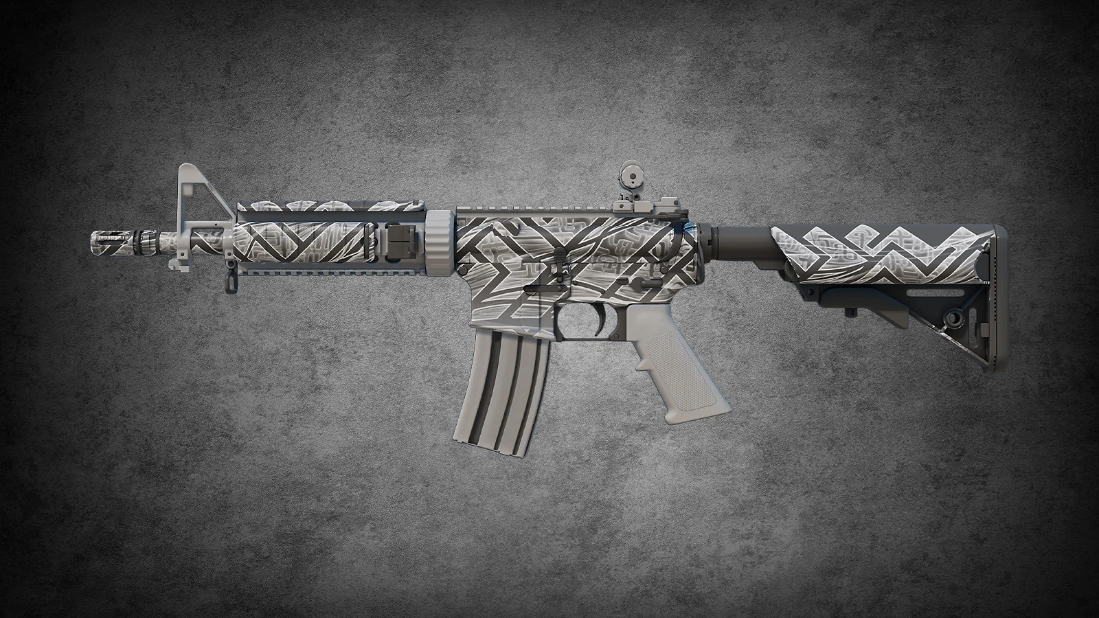 CS2 M4A4 Aeolian skin featuring a monochrome geometric tribal-inspired pattern in grey