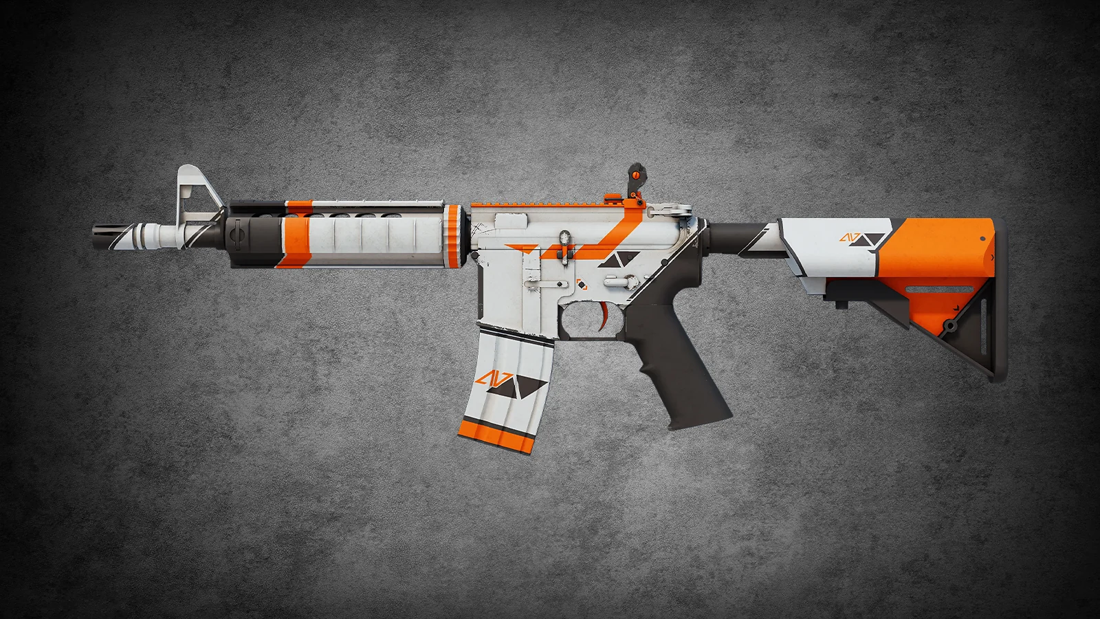 Iconic white, orange, and black M4A4 Asiimov skin with a clean sci-fi aesthetic for CS2