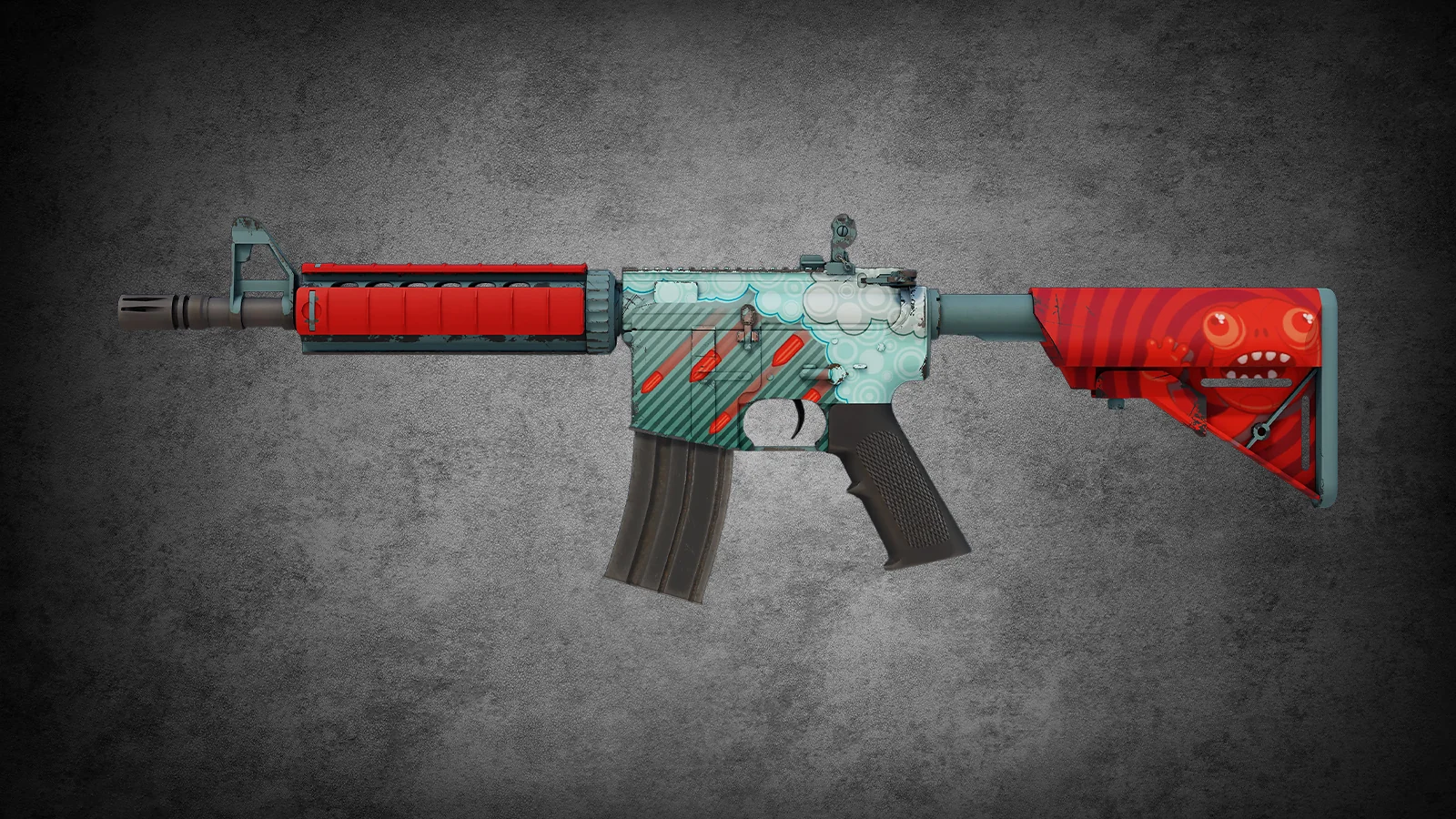 M4A4 Bullet Rain skin in CS2 with a playful teal and red design featuring falling bullets and a monster