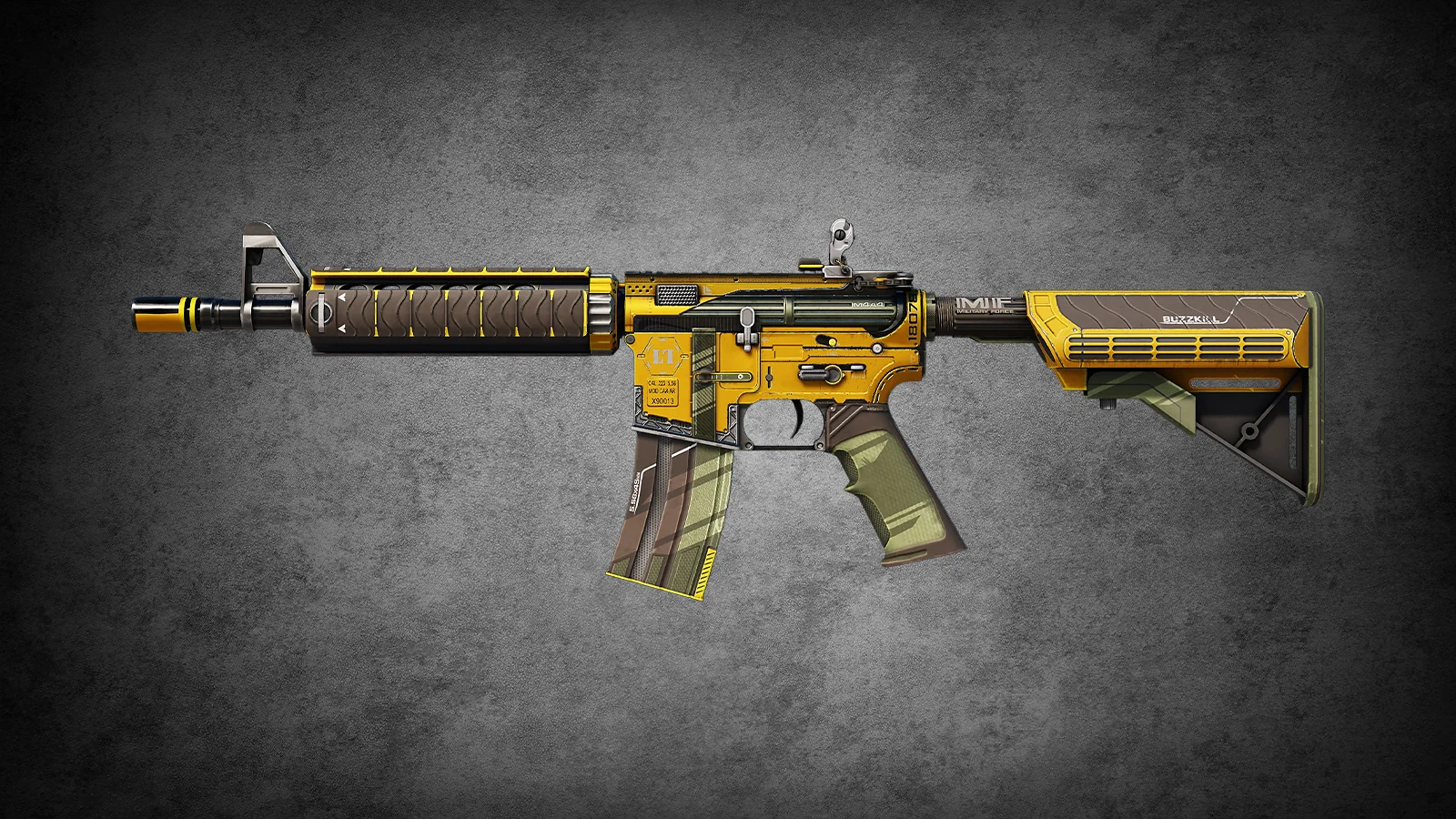 Industrial yellow and black M4A4 Buzz Kill skin design for CS2