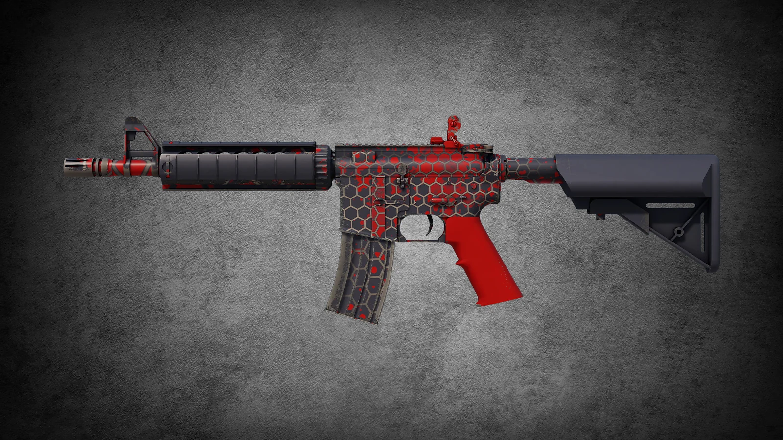 M4A4 Converter skin for CS2 featuring a red and black hexagonal honeycomb pattern