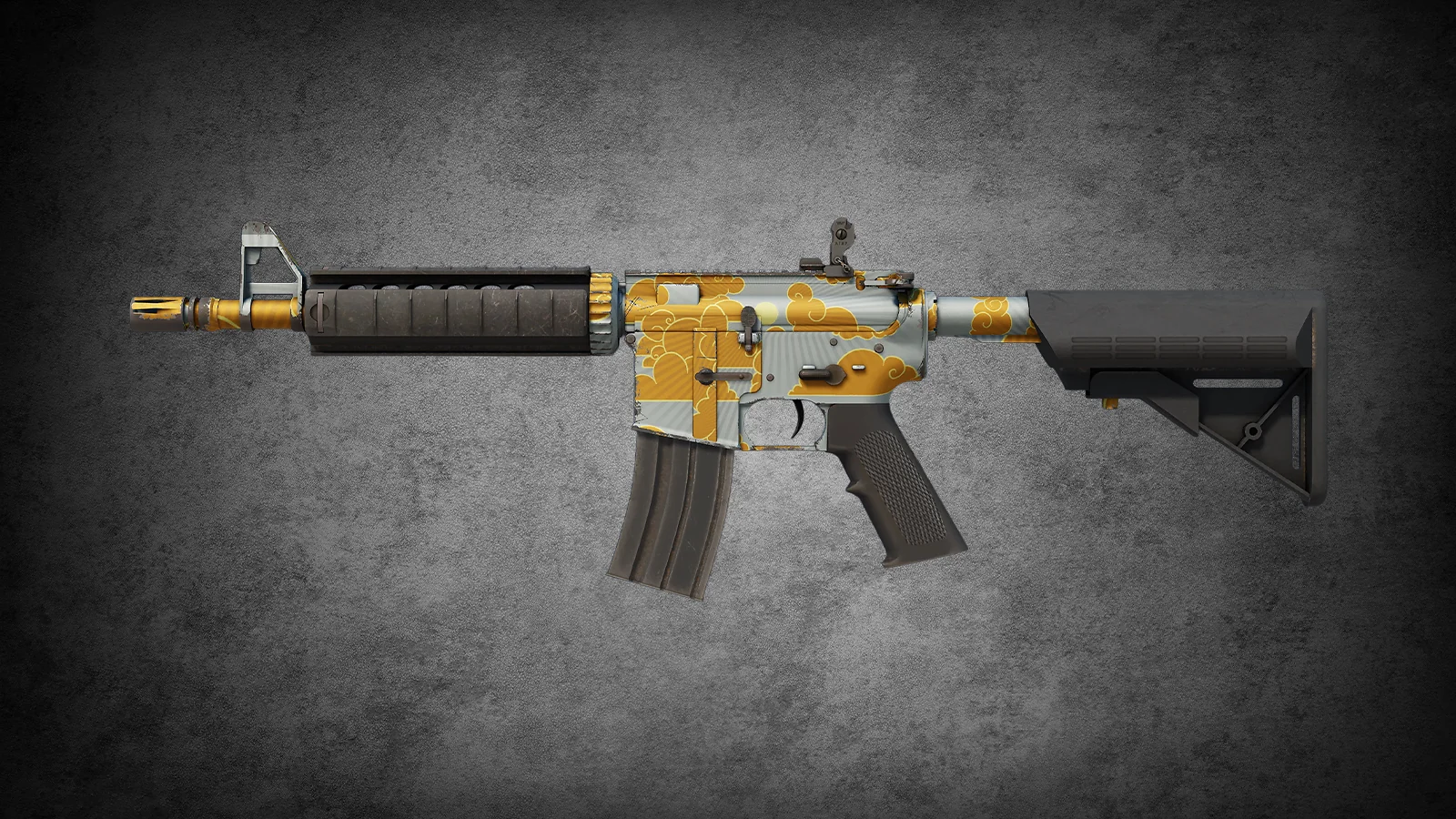 CS2 M4A4 Daybreak skin with a gray base and golden sunlit cloud patterns