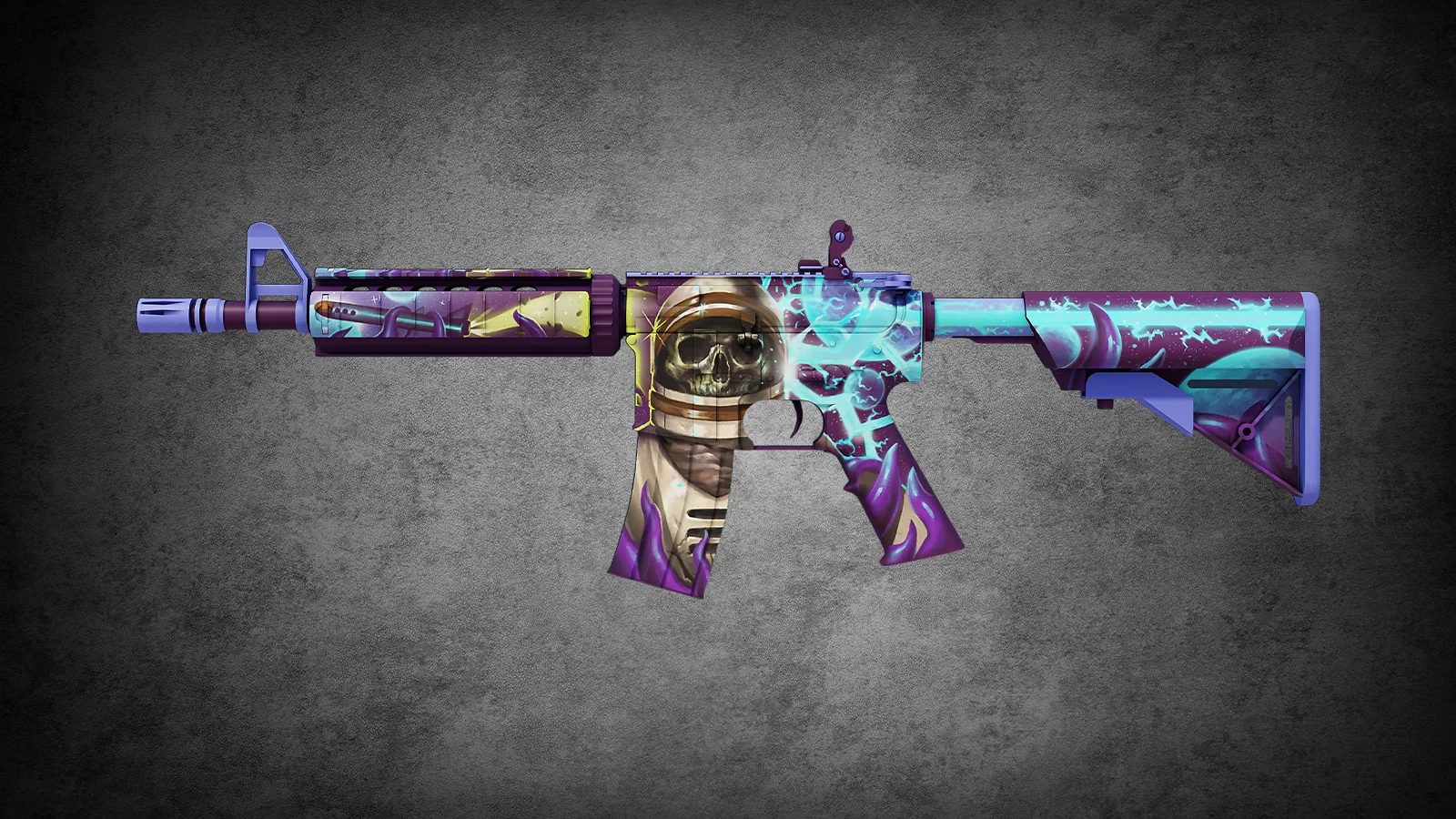 Purple and teal M4A4 Desolate Space skin with an undead astronaut theme in CS2
