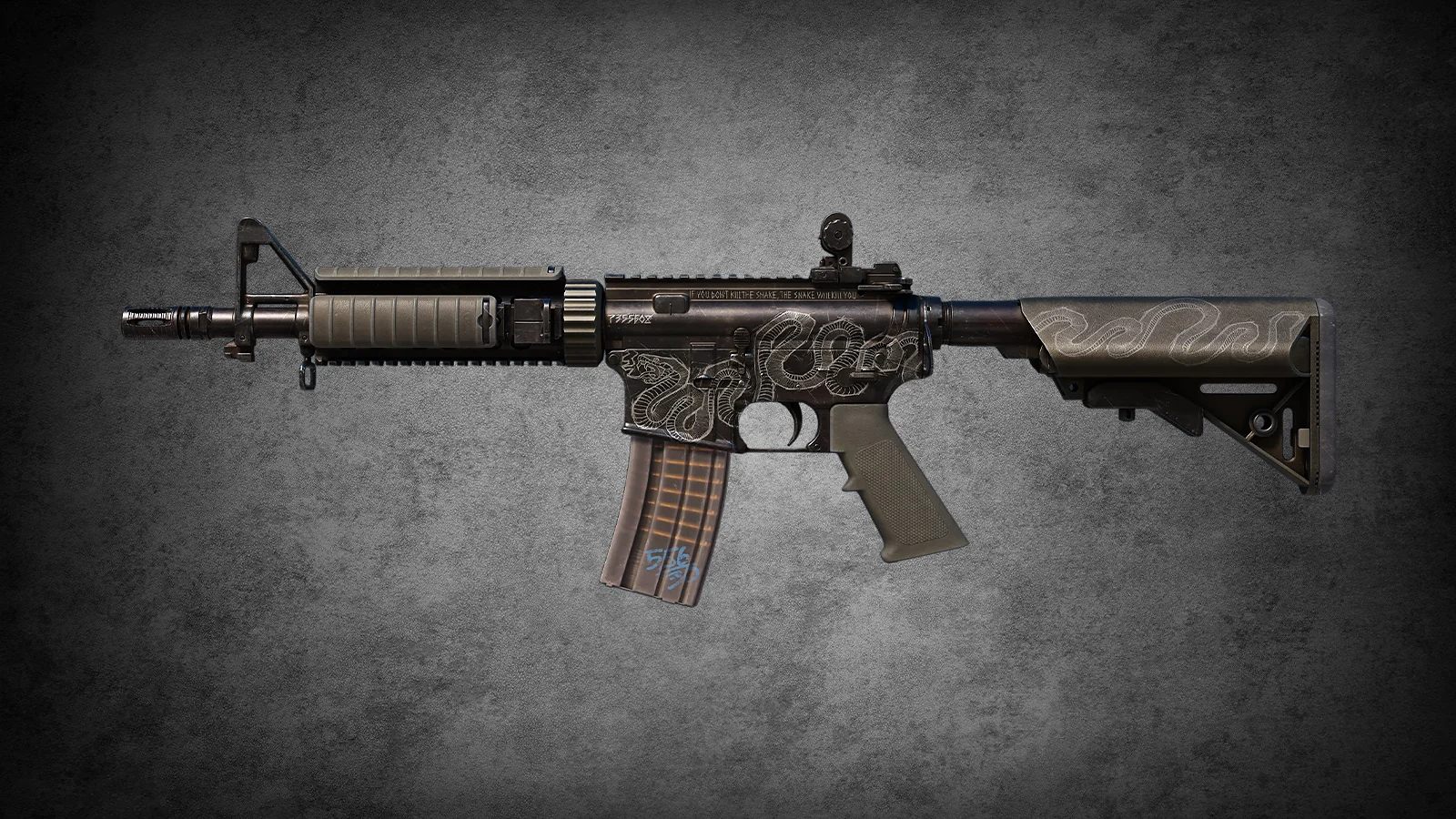 Dark M4A4 Etch Lord skin with intricate snake engravings for CS2