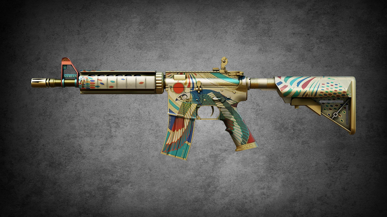 Gold and teal M4A4 Eye of Horus skin featuring ancient Egyptian deity artwork in CS2