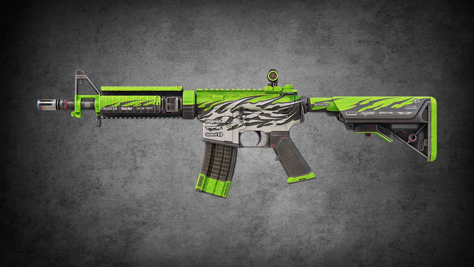 Neon green and gray M4A4 Full Throttle skin with racing-inspired decals for CS2