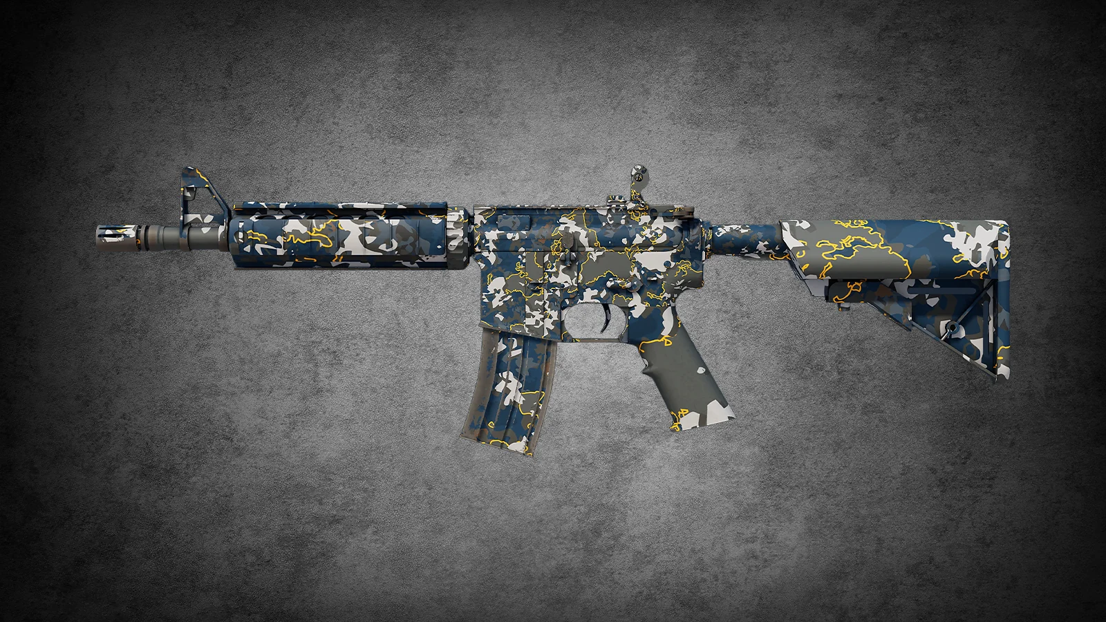 M4A4 Global Offensive skin for CS2 with a blue and white map-style camouflage pattern