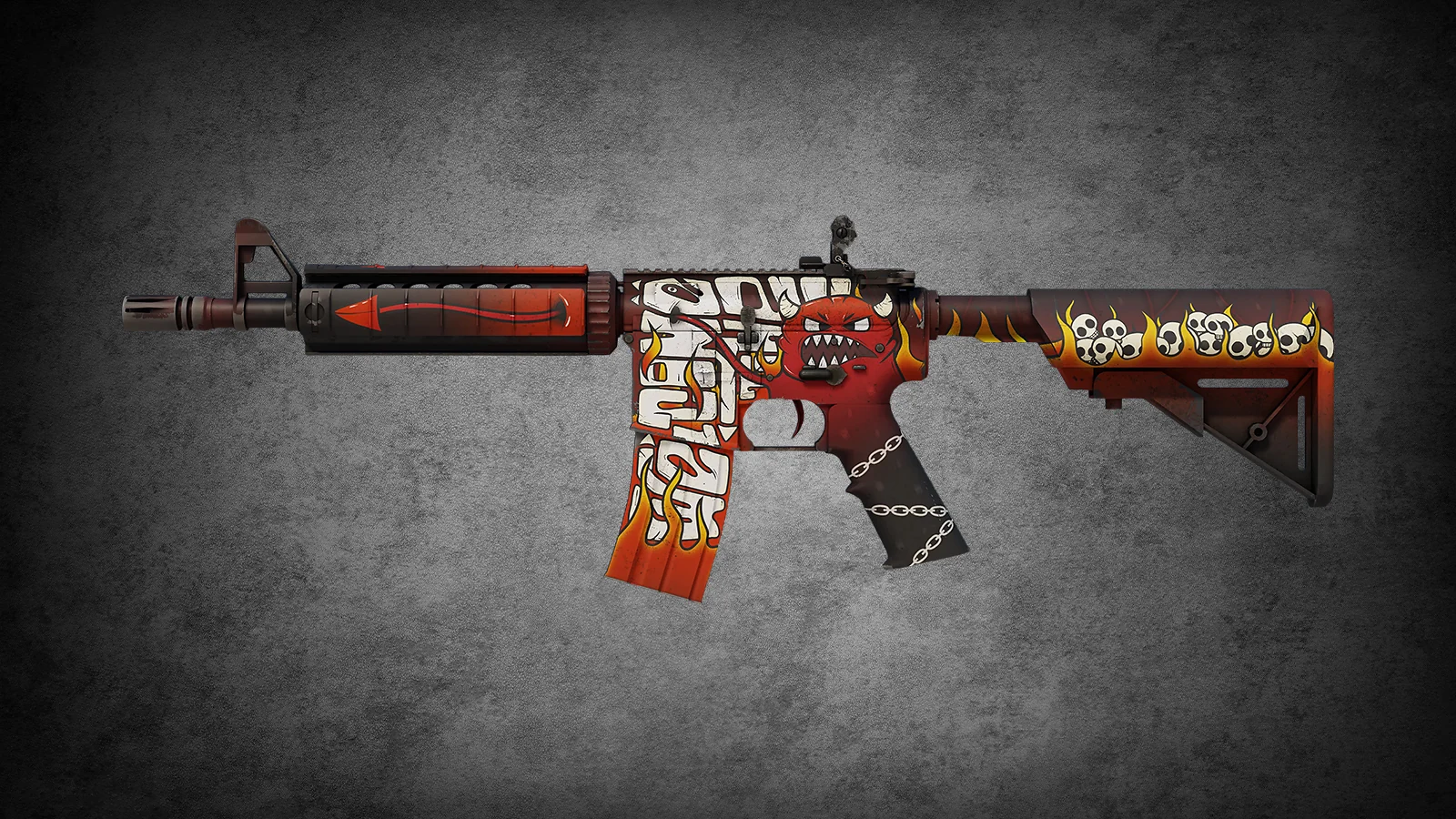 M4A4 Hellfire skin in CS2 featuring a devilish red monster, flames, and skulls
