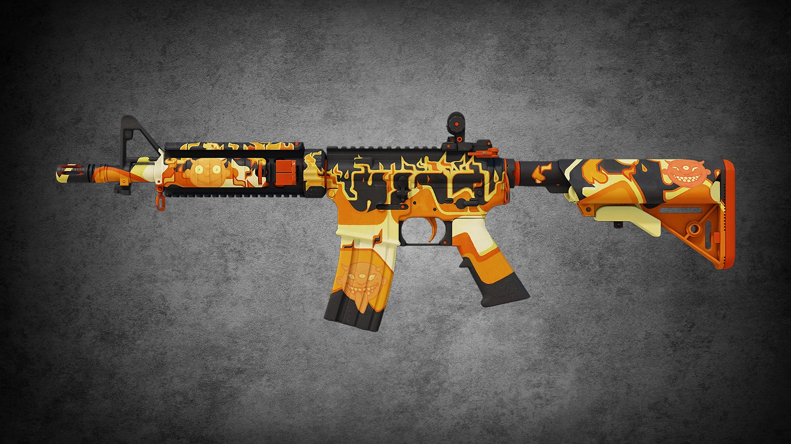 CS2 M4A4 Hellish skin with a vibrant orange and yellow flame pattern and demon icons