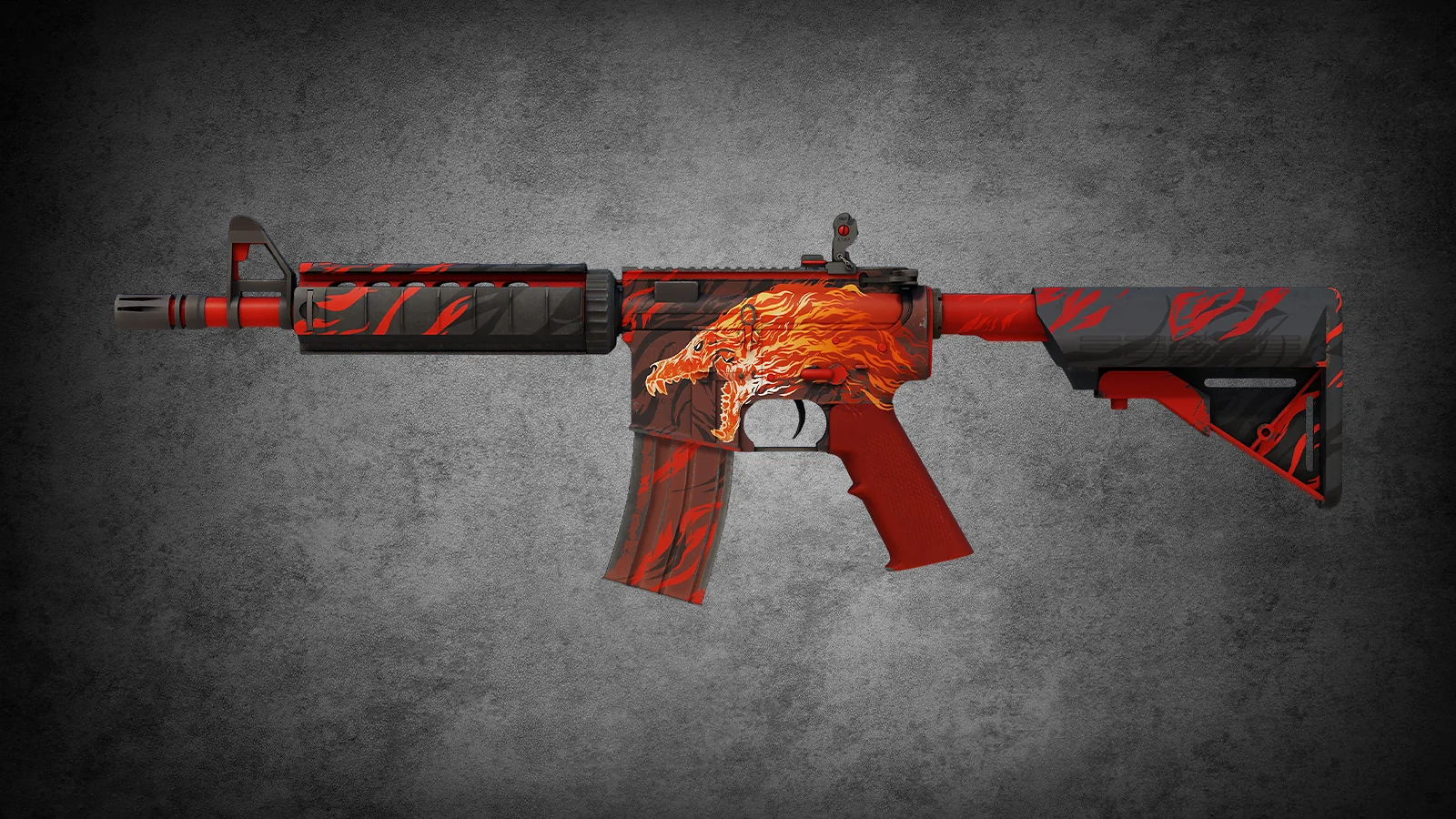 Ultra-rare CS2 M4A4 Howl skin featuring a flaming red wolf illustration on a black base