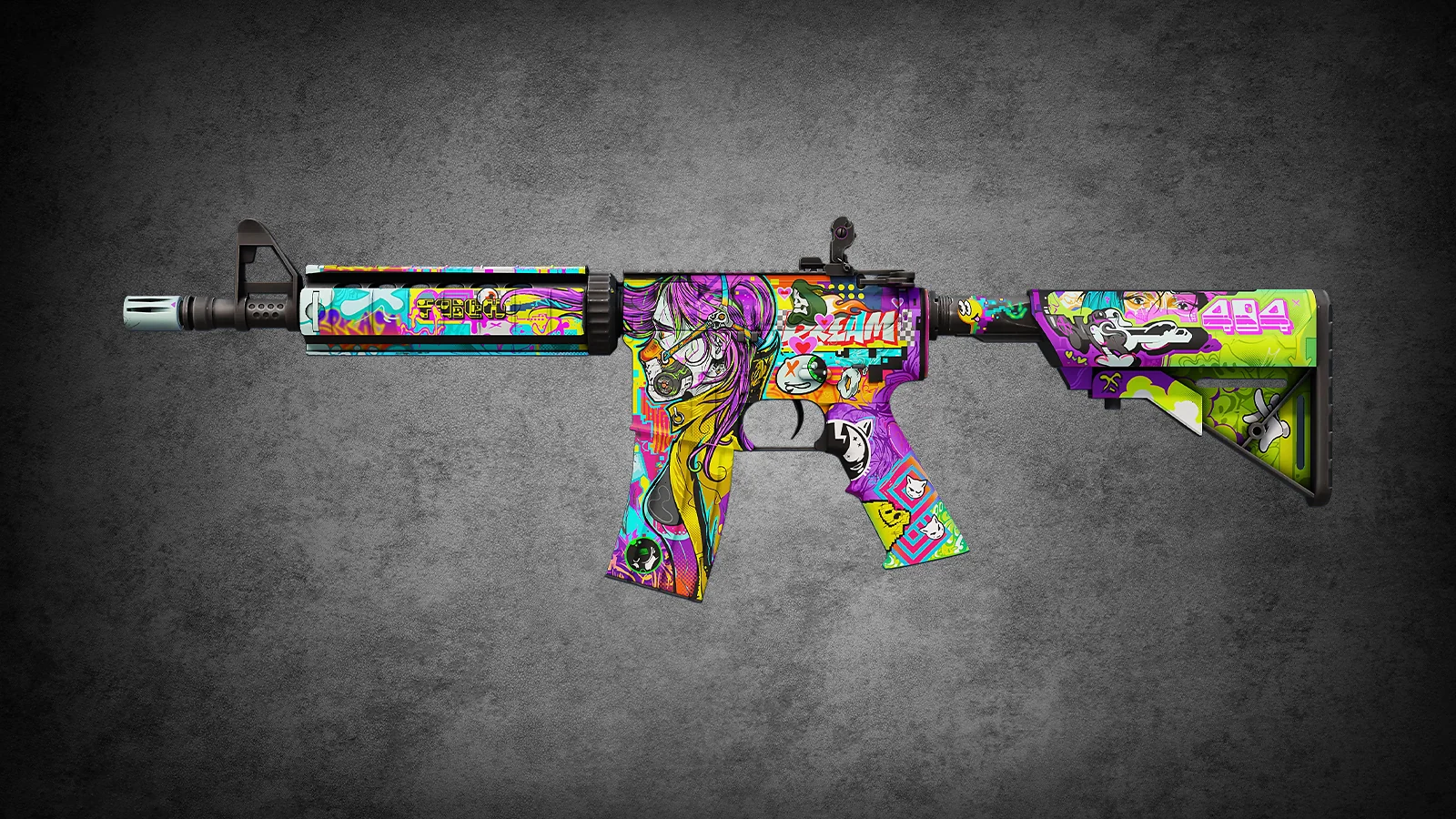 Multicolor M4A4 In Living Color skin with chaotic neon graffiti and pop art for CS2