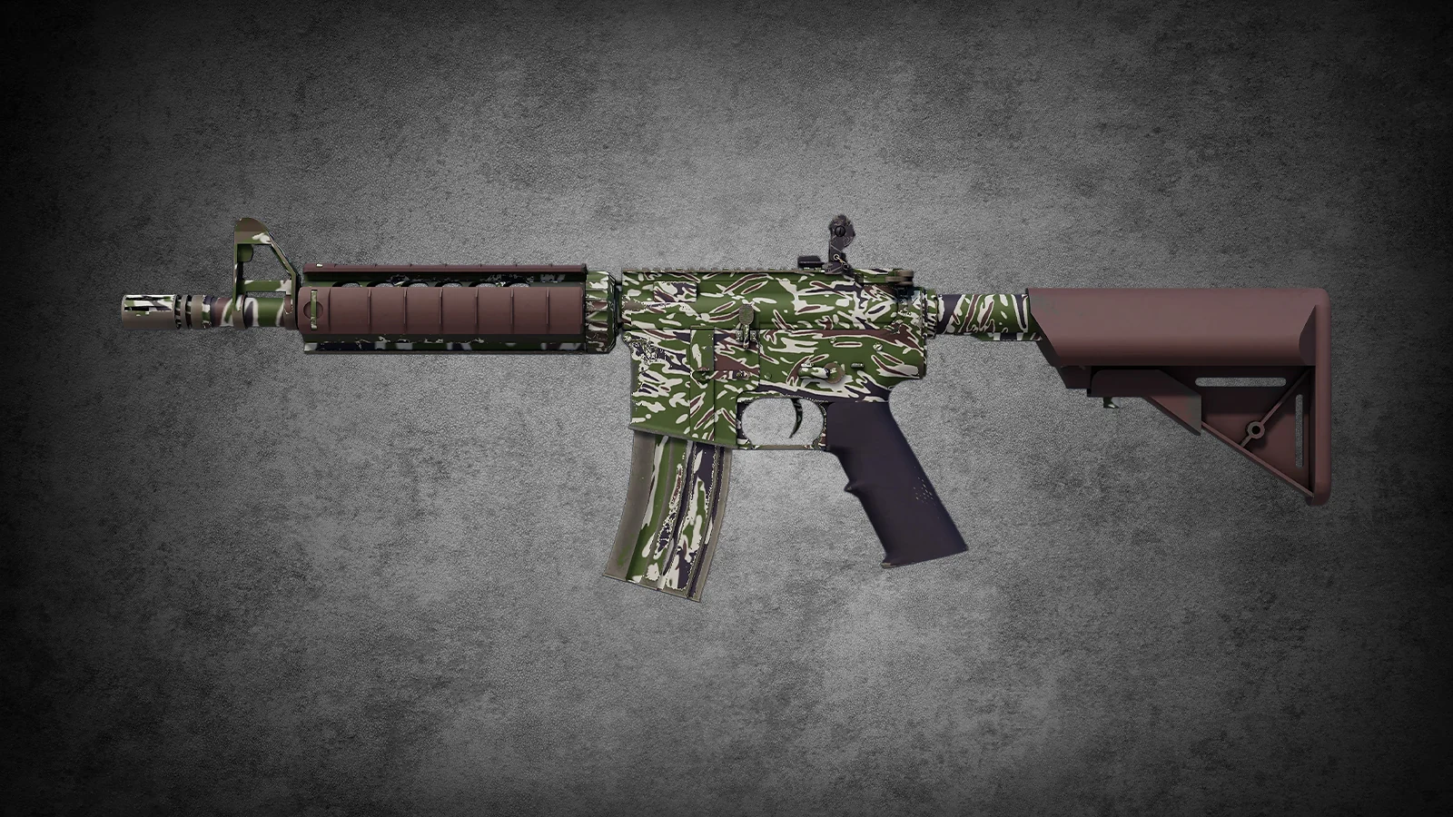 M4A4 Jungle Tiger skin in CS2 with a classic green and brown tiger-stripe camouflage pattern