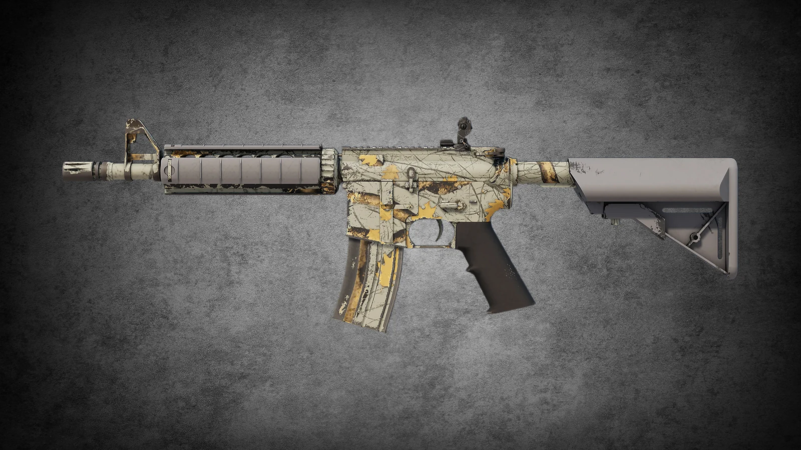 M4A4 Modern Hunter skin for CS2 with a weathered woodland camo and yellow leaf accents