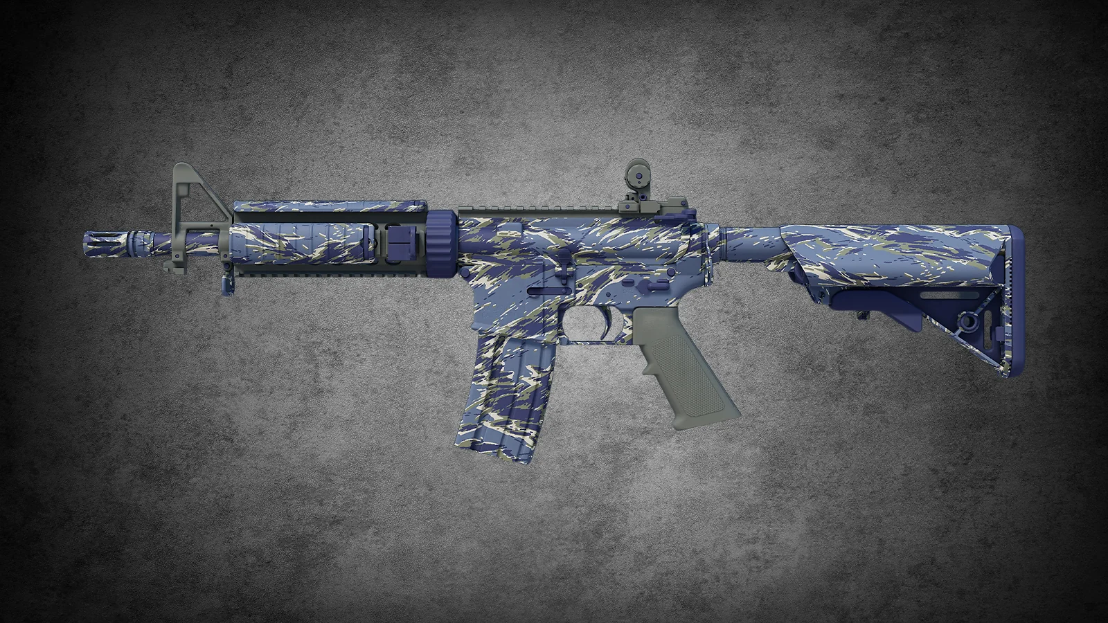 CS2 M4A4 Naval Shred skin featuring a blue and white naval tiger-stripe camouflage pattern