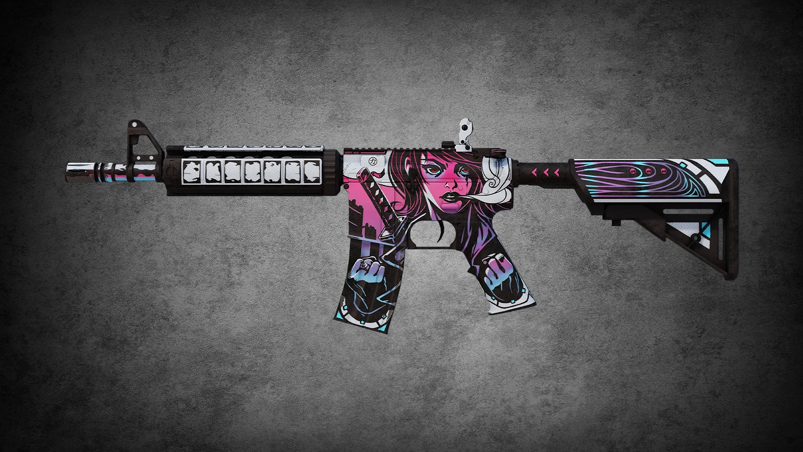 CS2 anime skin - M4A4 Neo-Noir with a stylized woman in pink and purple tones