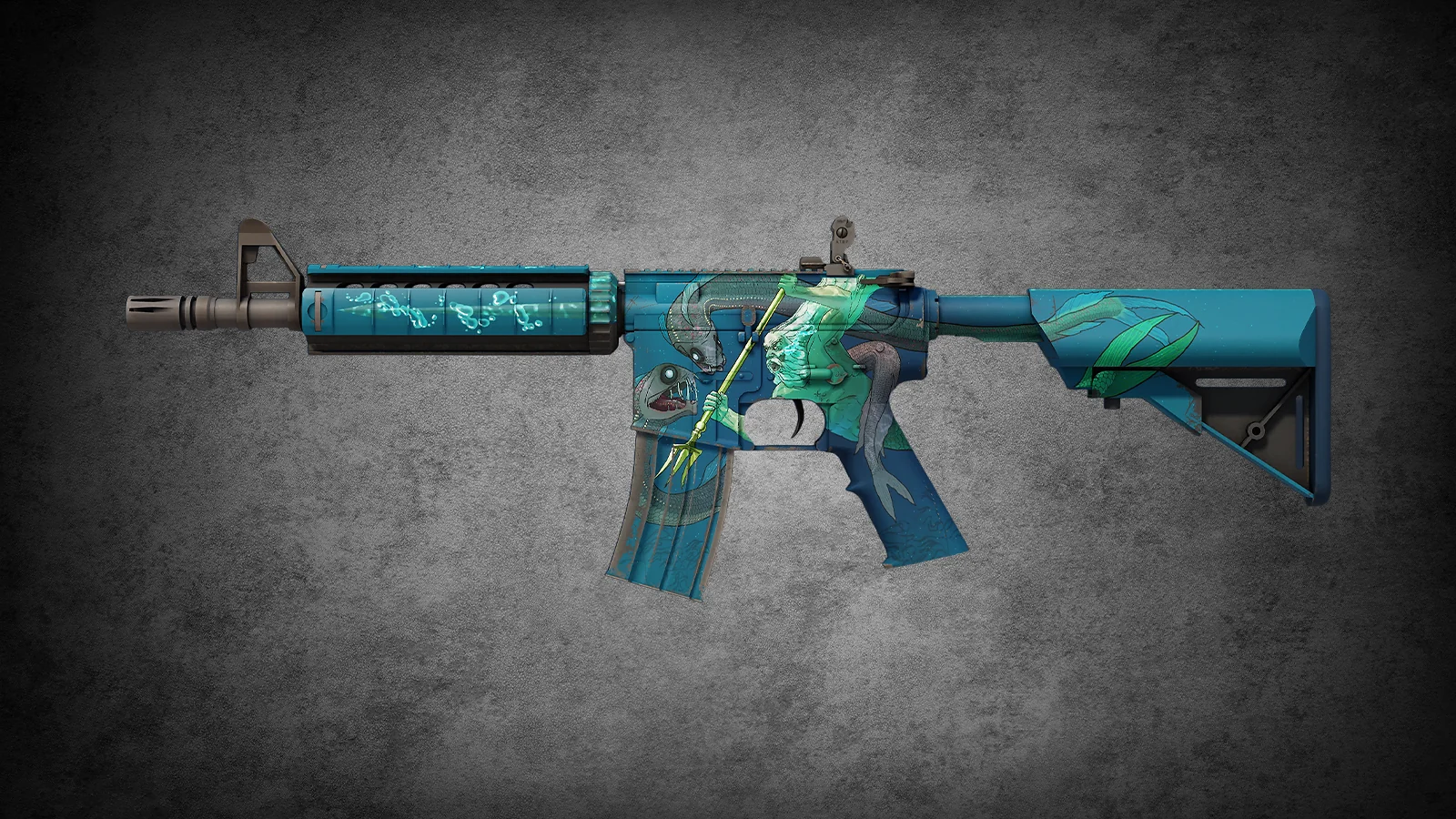 M4A4 Poseidon skin in CS2 showing the Greek god of the sea battling sea monsters in teal