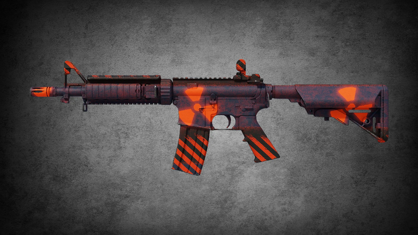 Dark M4A4 Radiation Hazard skin with bright orange radioactive warning symbols in CS2