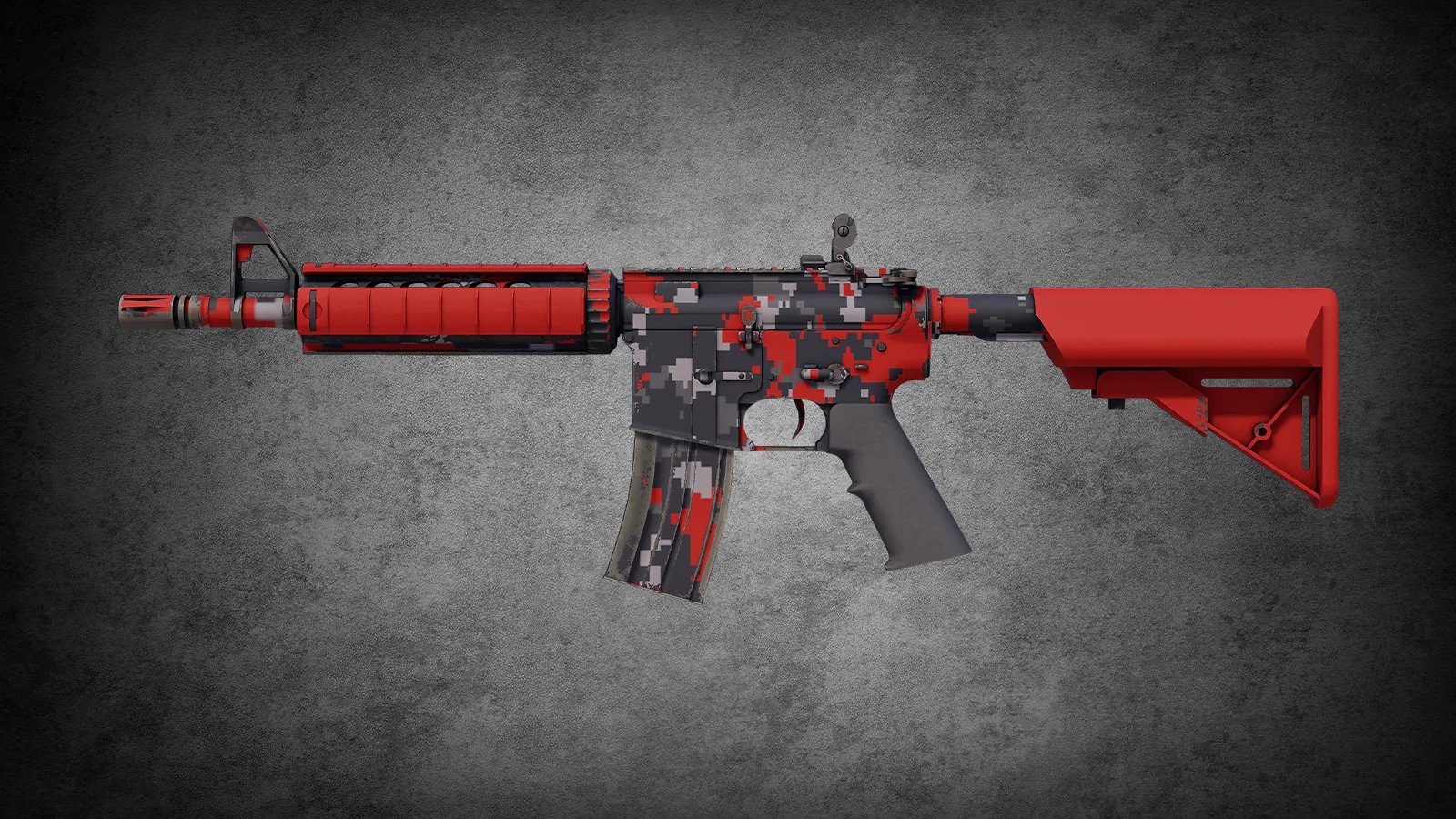 CS2 M4A4 Red DDPAT skin featuring a striking red and grey digital pixel camouflage design